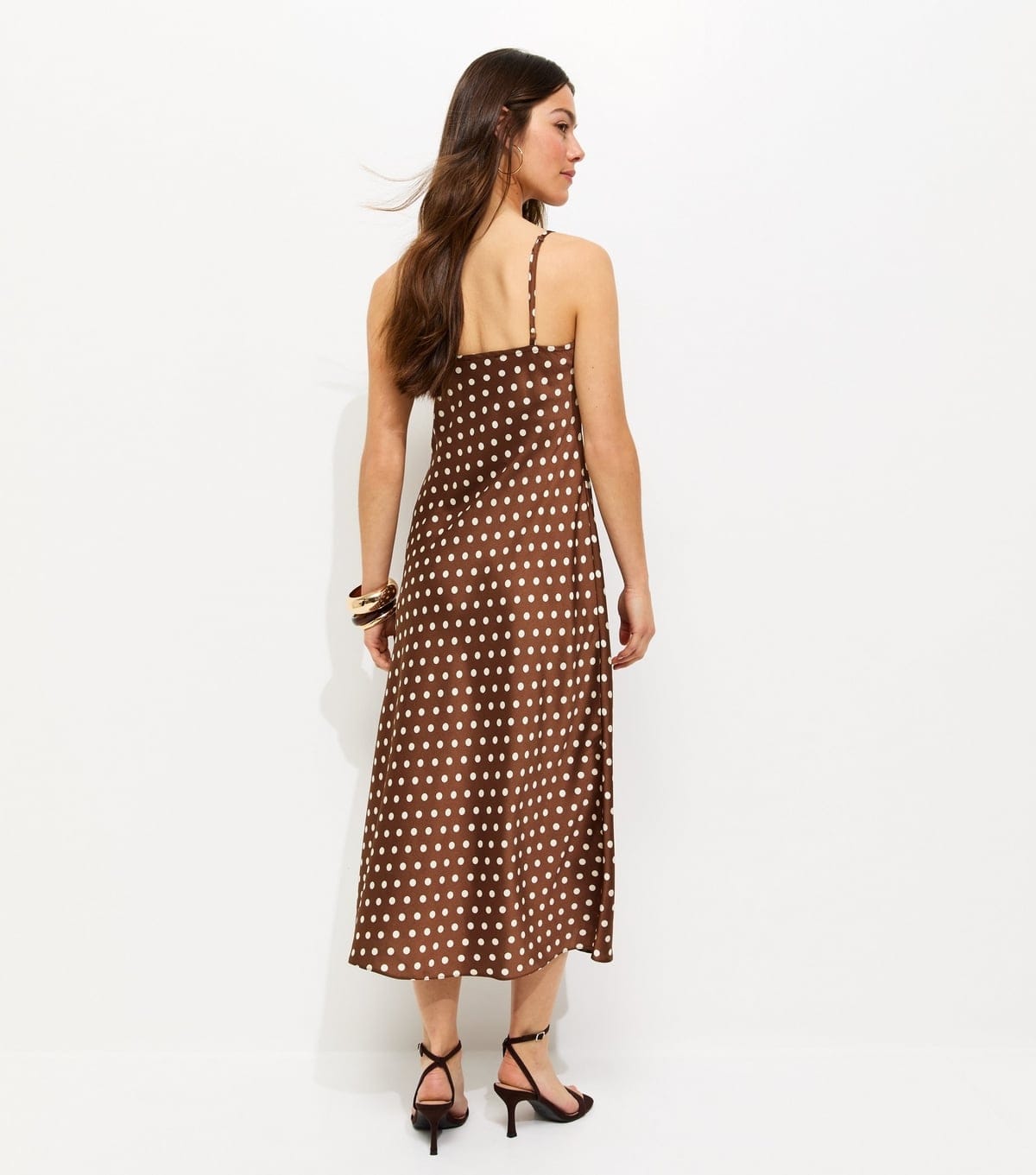 New Look Women's Petite Brown Polka Dot Scarf Trim Satin Midi Dress New Look - 4
