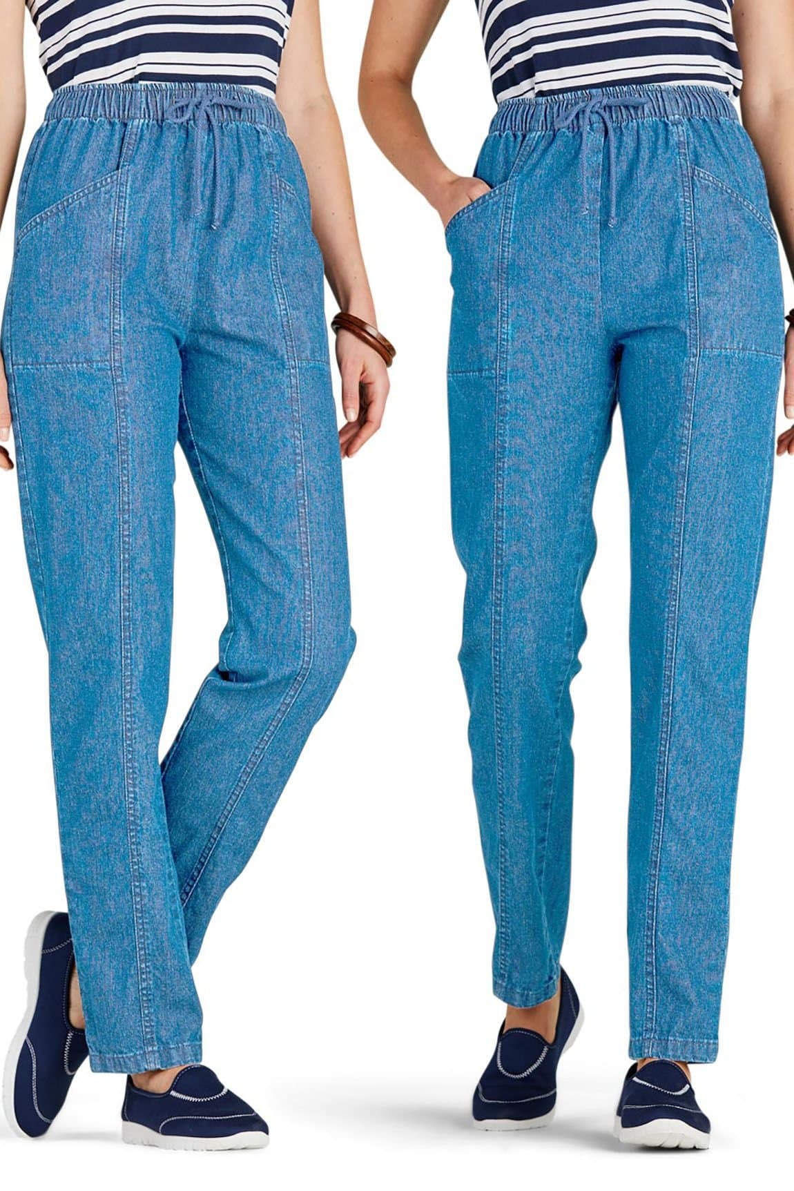 Amber Amber Women's Elasticated Waist Pull On Jeans (Pack of 2) 100% Cotton High Waisted in Light Blue