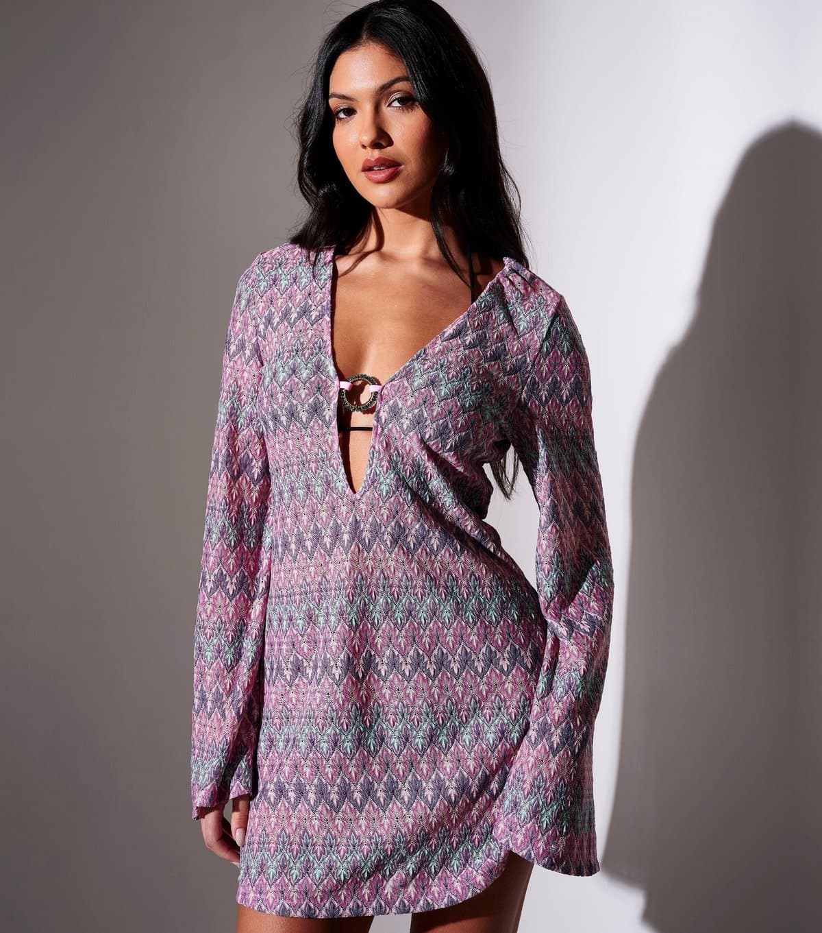 South Beach Women's Purple Chevron Ring Mini Kaftan Dress South Beach New Look