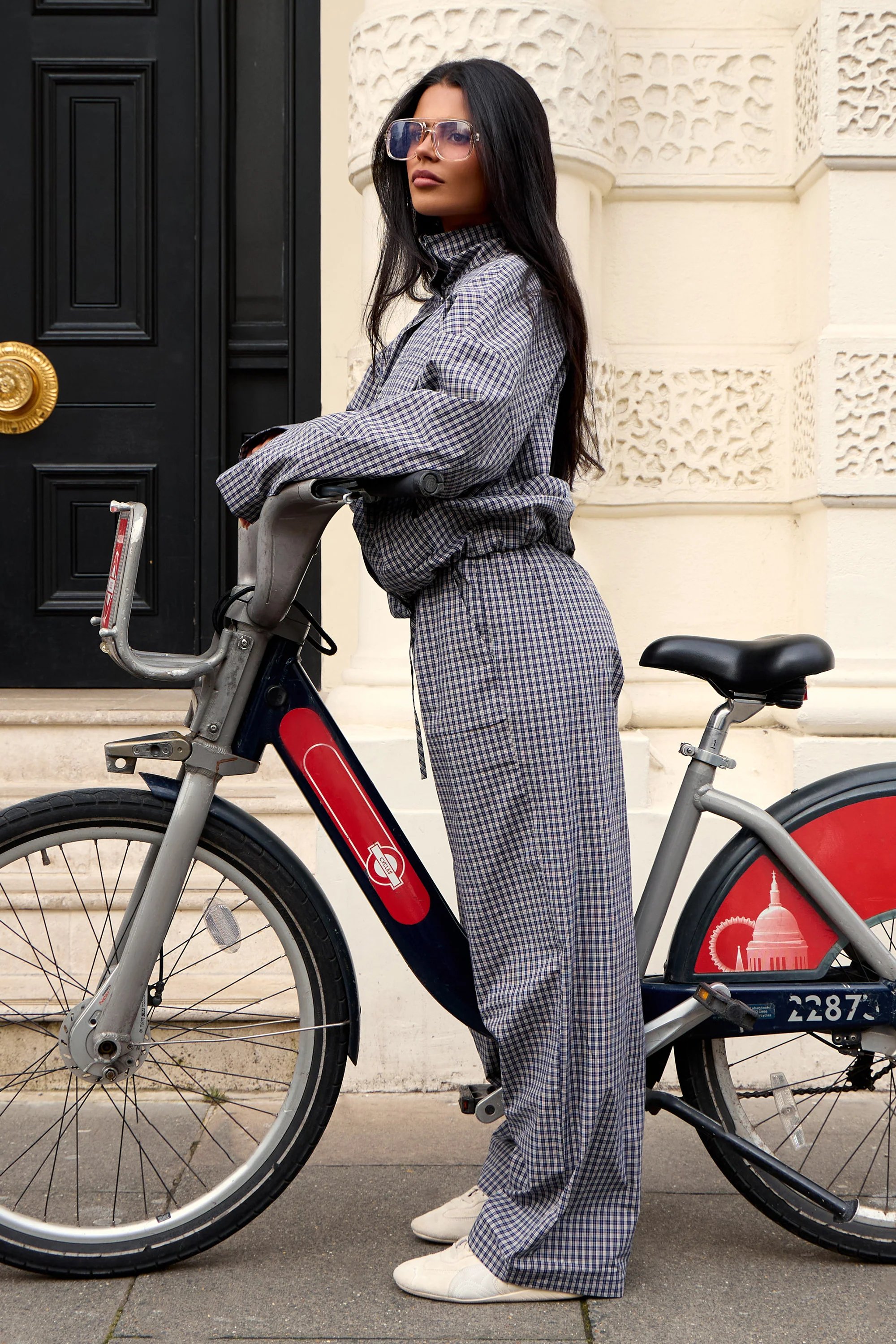 Kaiia Kaiia Woven Check Double Waistband Straight Leg Trousers Navy - 2