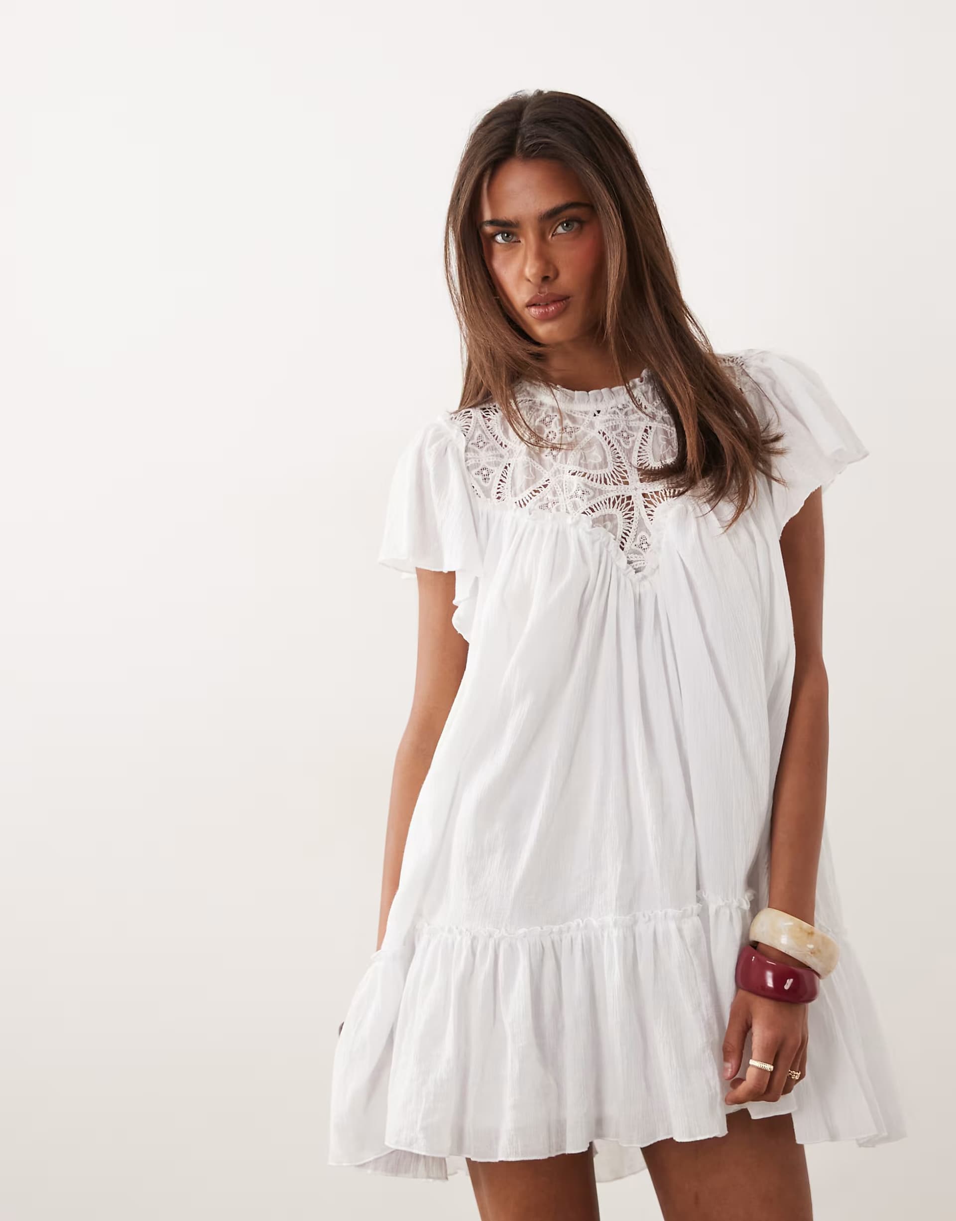 ASOS Noughts & Kisses crochet insert flutter sleeve dropped hem mini dress in white