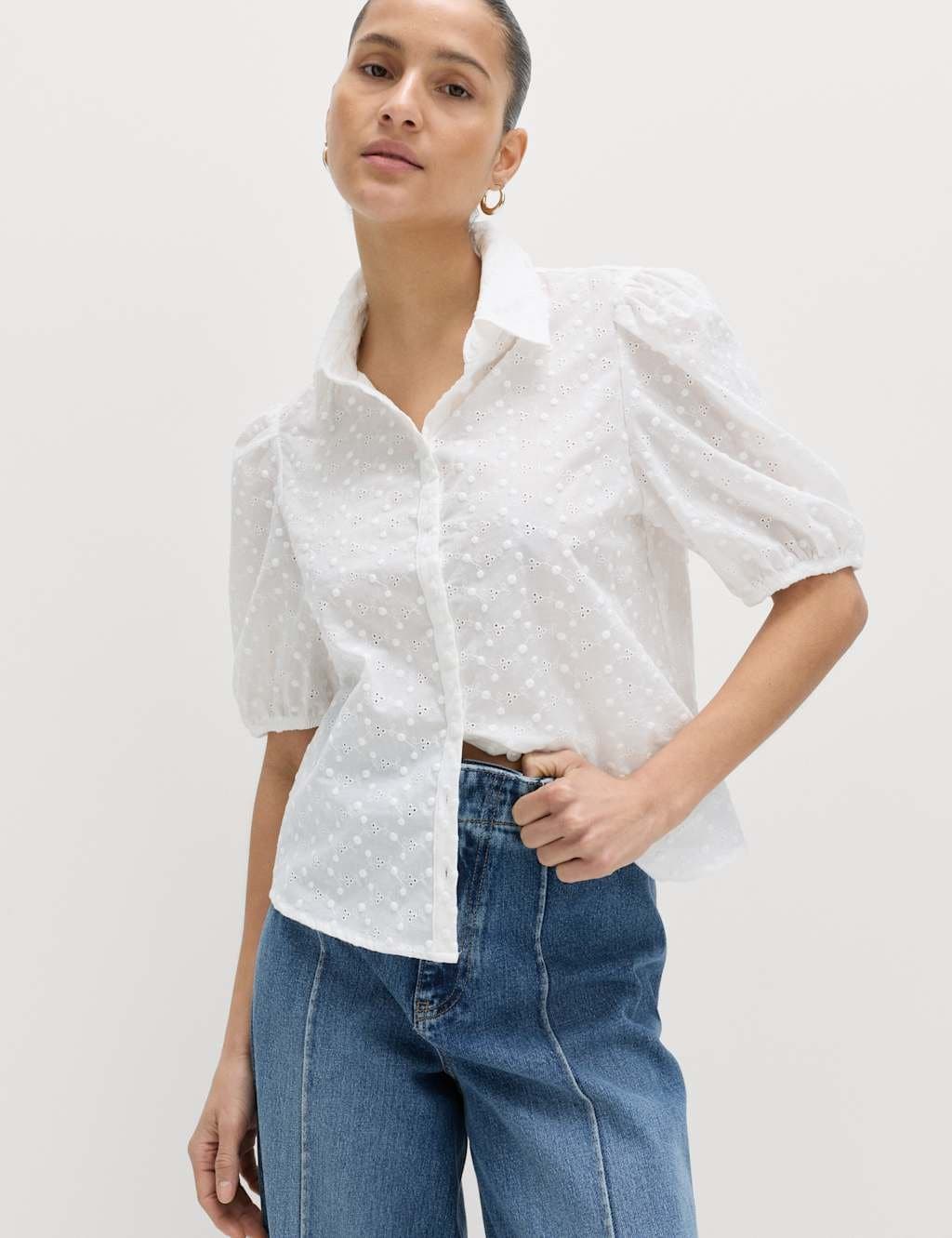 Marks & Spencer M&S Soft White Cotton Embroidered Button-Through Shirt