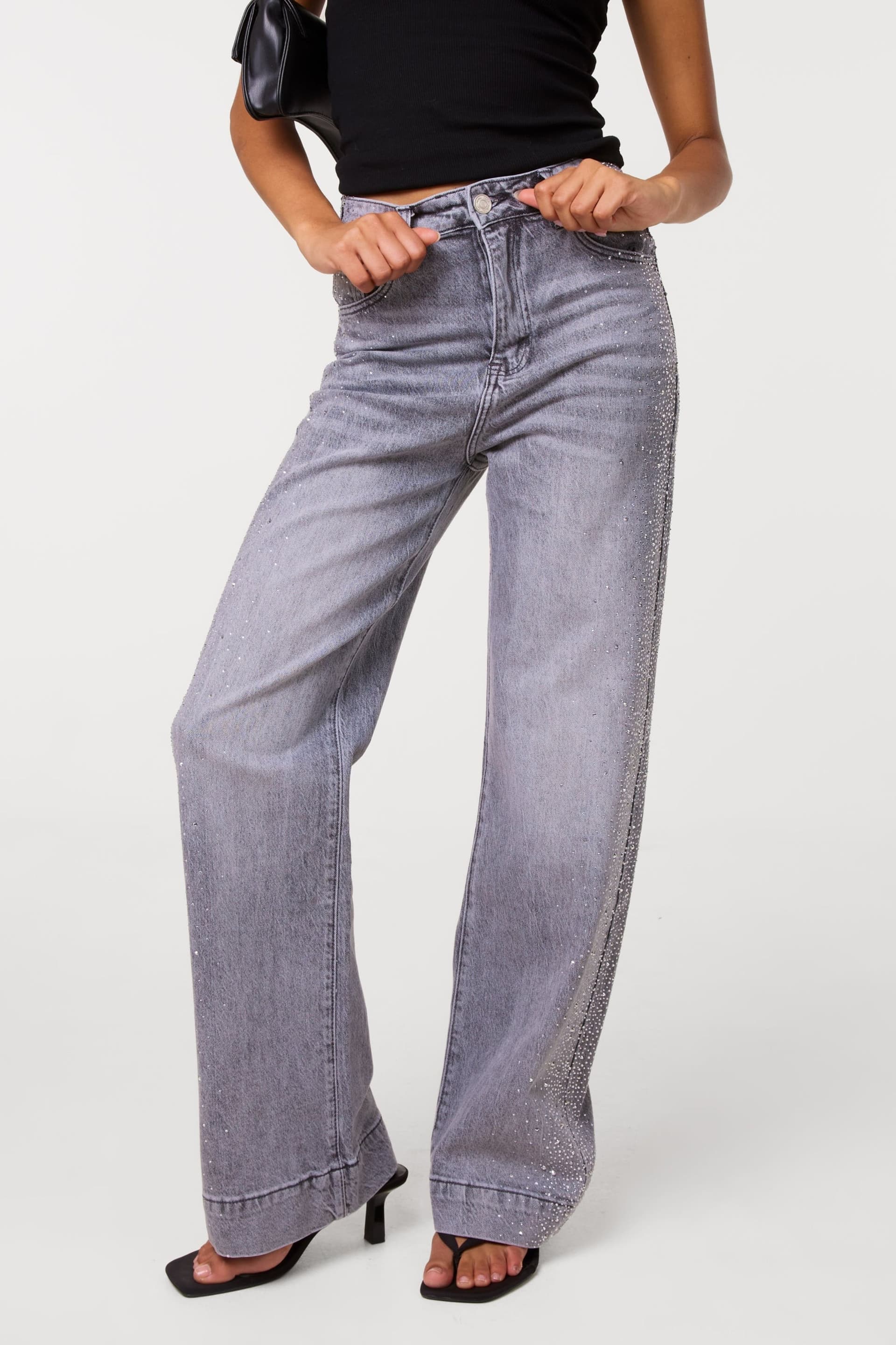 Pink Vanilla Pink Vanilla Women's Light Grey Diamante Side Wide Leg Jeans