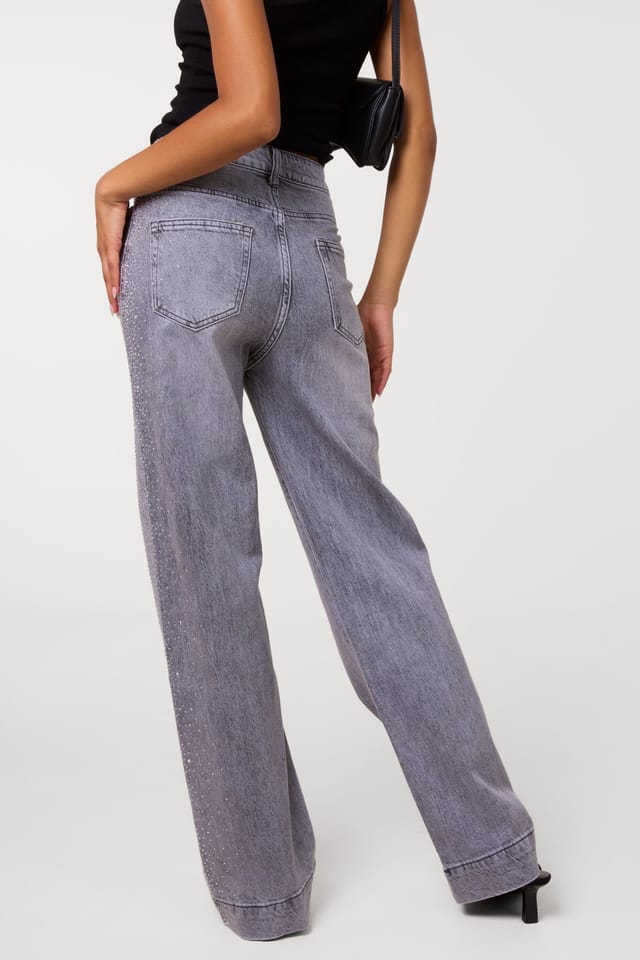 Pink Vanilla Pink Vanilla Women's Light Grey Diamante Side Wide Leg Jeans - 2