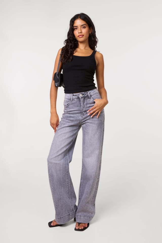 Pink Vanilla Pink Vanilla Women's Light Grey Diamante Side Wide Leg Jeans - 3