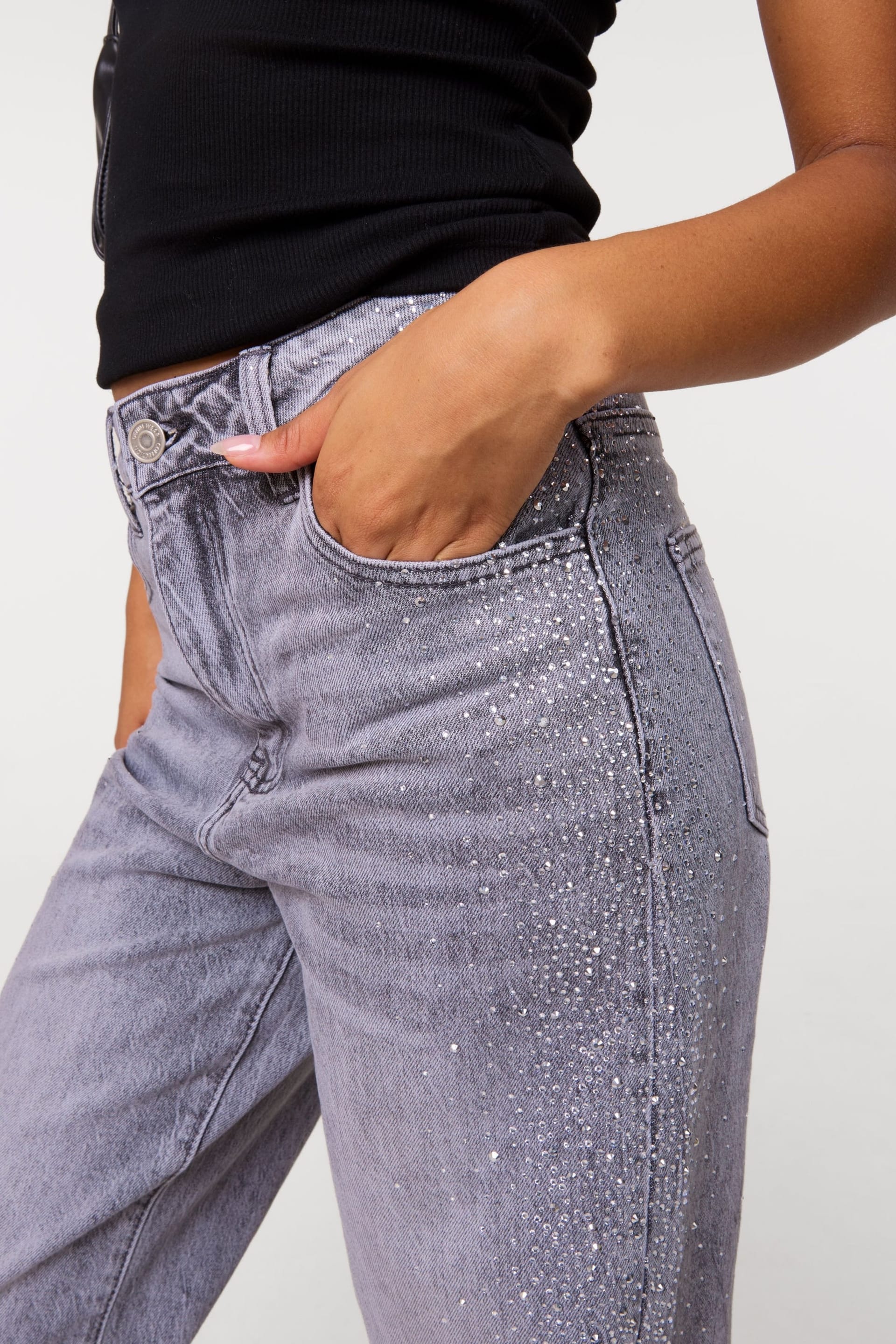 Pink Vanilla Pink Vanilla Women's Light Grey Diamante Side Wide Leg Jeans - 4