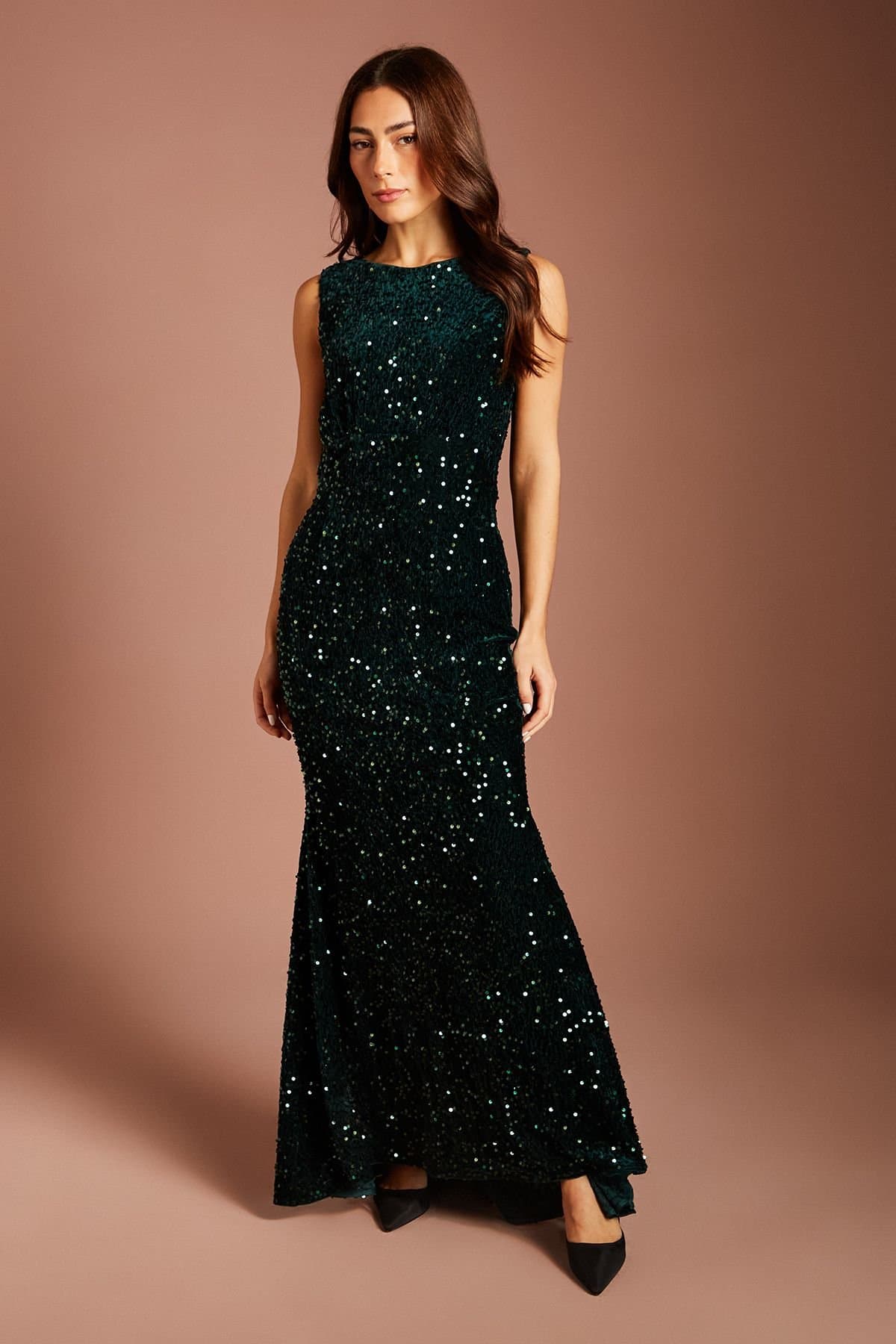 Coast Coast Women's Velvet Sequin Cowl Back Maxi Dress in Emerald
