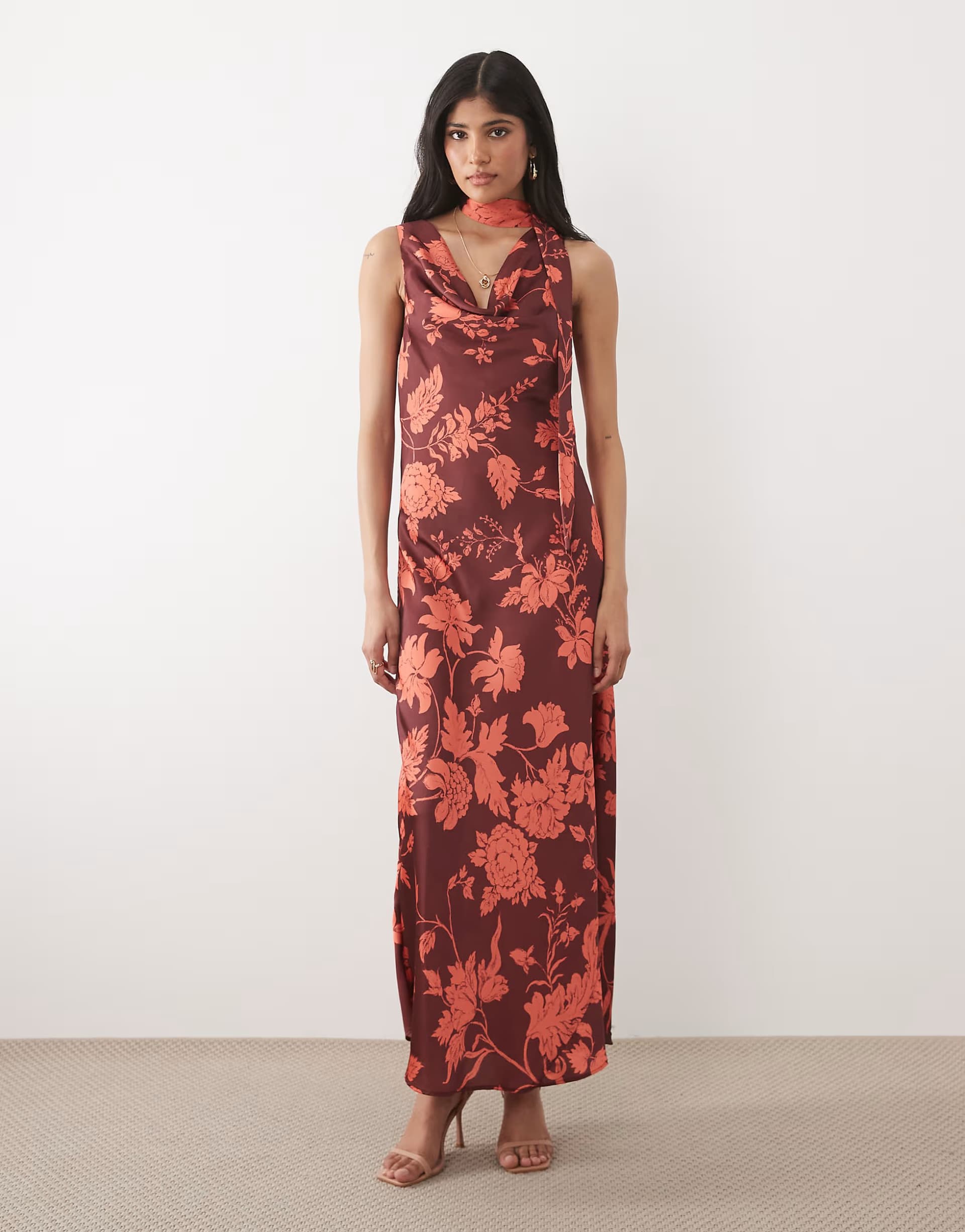 ASOS Hope & Ivy satin cowl neck scarf maxi dress in burgundy floral