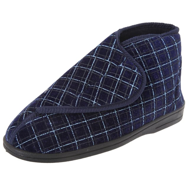Zedzzz Zedzzz Men's Bertie Check Velour Touch Fastening Bootee Slippers in Navy - 2