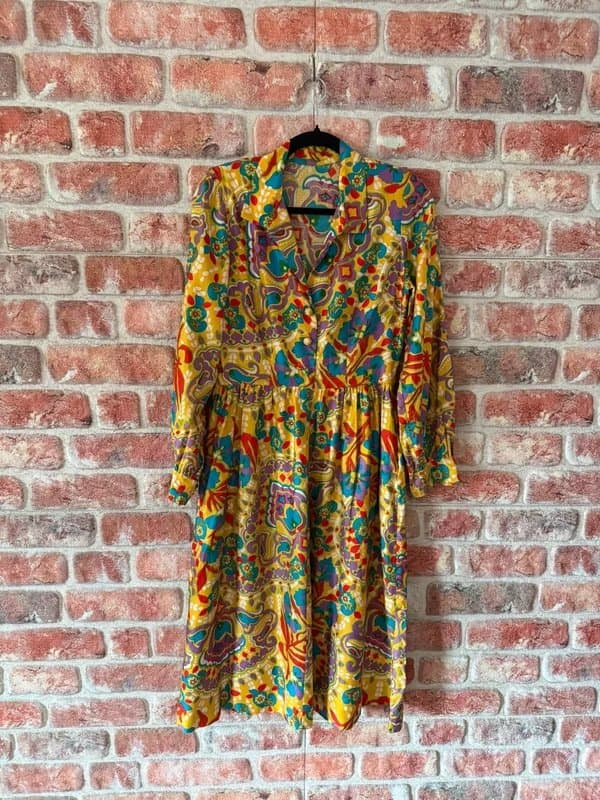 Handmade 90s Vintage Mustard and Multicoloured Retro Print Shirt Dress