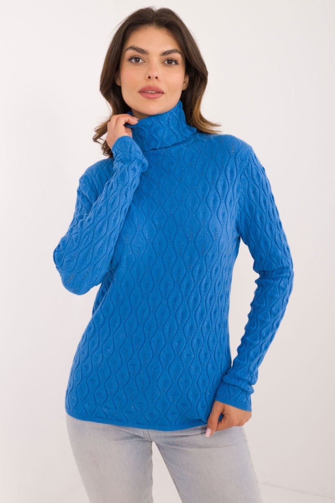 Love Lace Love Lace Women's Openwork Shimmer Turtleneck Sweater Soft Viscose in Blue