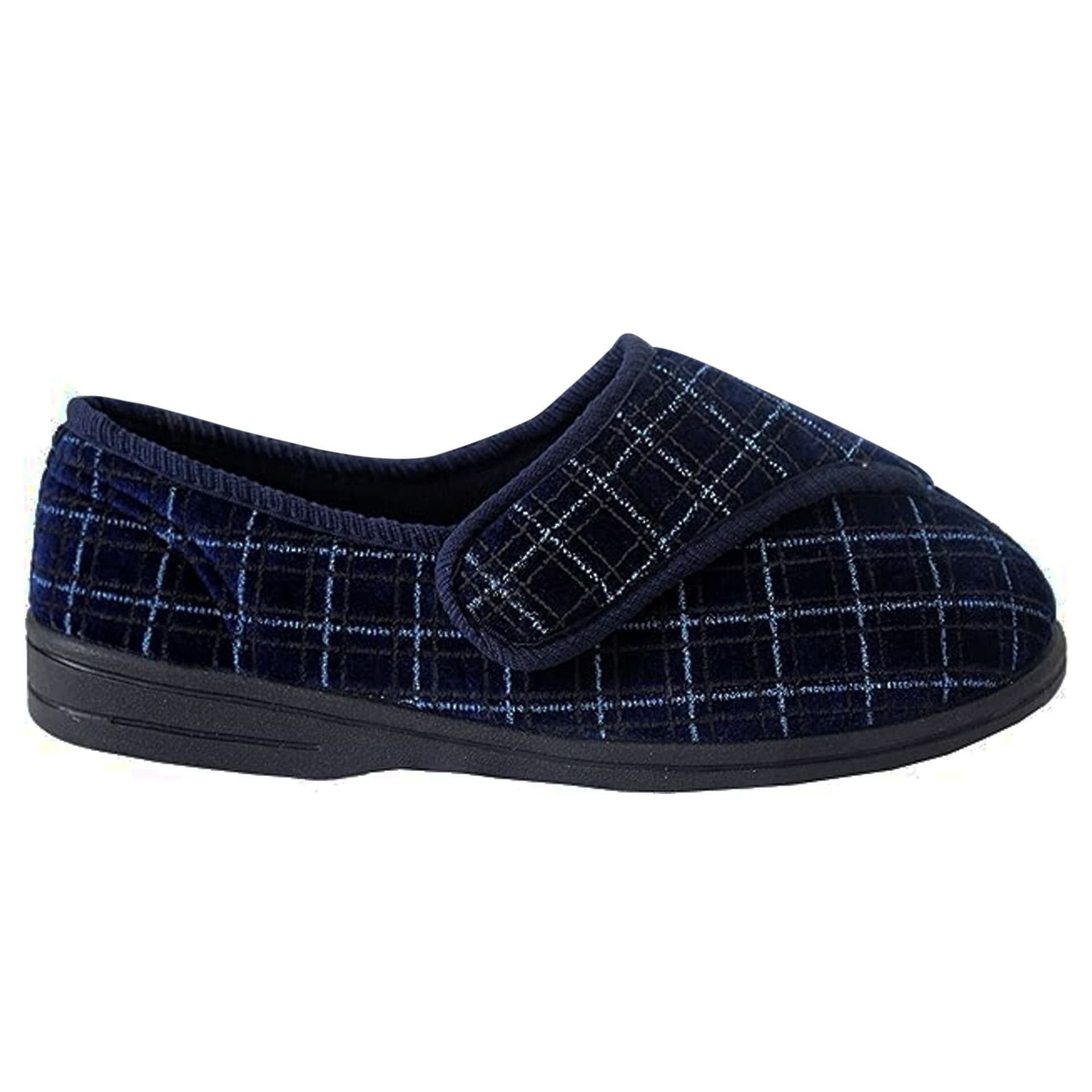 Zedzzz Zedzzz Men's George Touch Fastening Check Velour Slippers in Navy