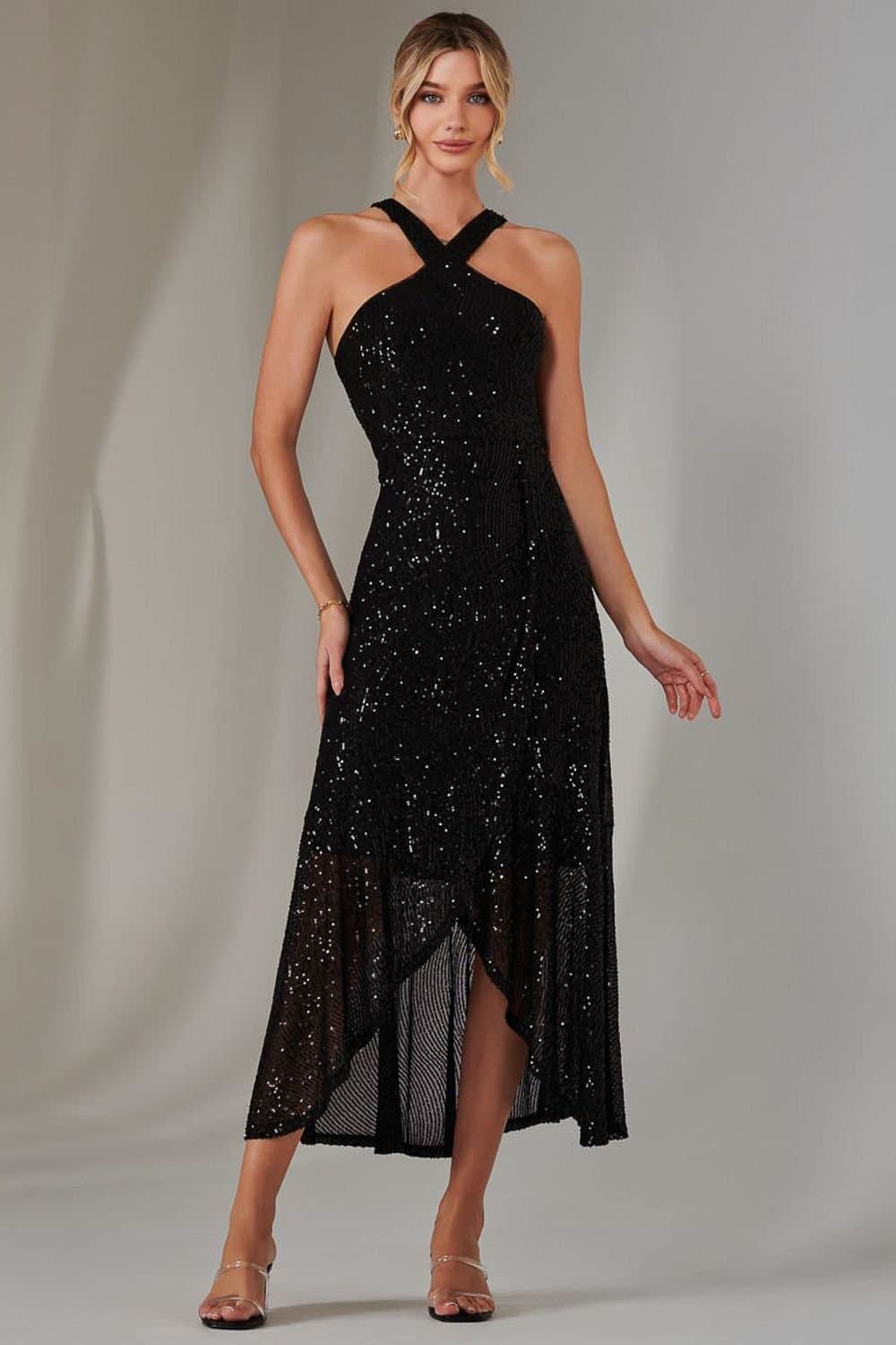 Jolie Moi Jolie Moi Women's Cross Neck Frill Hem Maxi Dress in Black