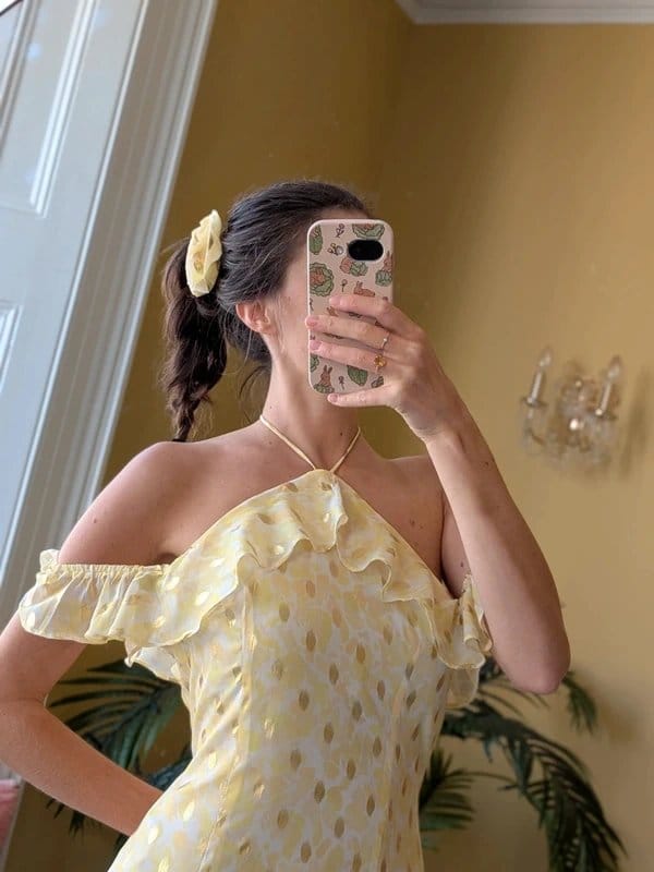 Never Fully Dressed Yellow Metallic Corsage Maxi Dress
