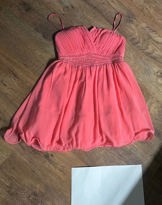 New Look Coral Pink Chiffon Party Dress Beaded Pleated Balloon