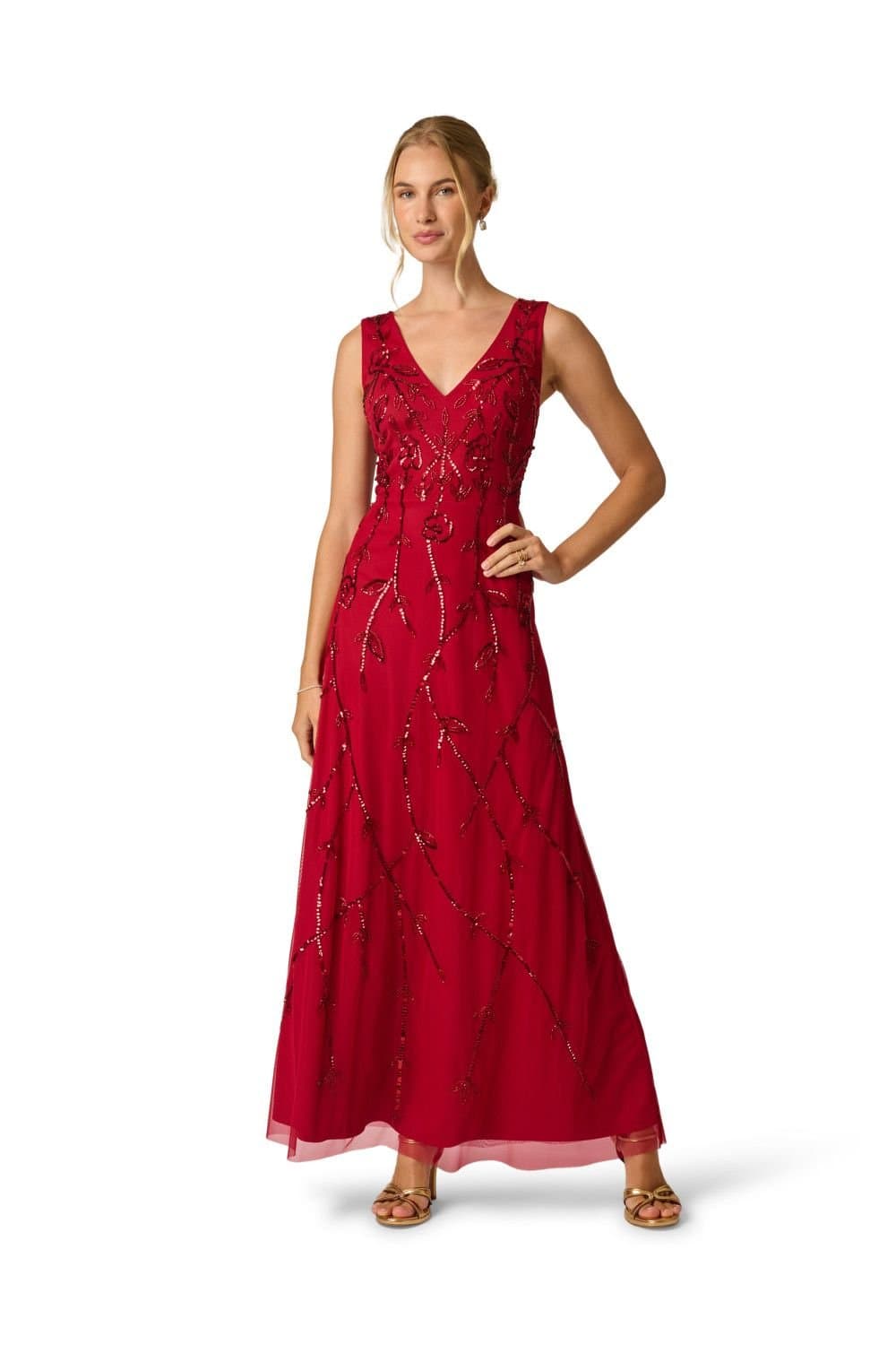 Papell Studio Papell Studio Women's Sleeveless Bead Long Dress in Red