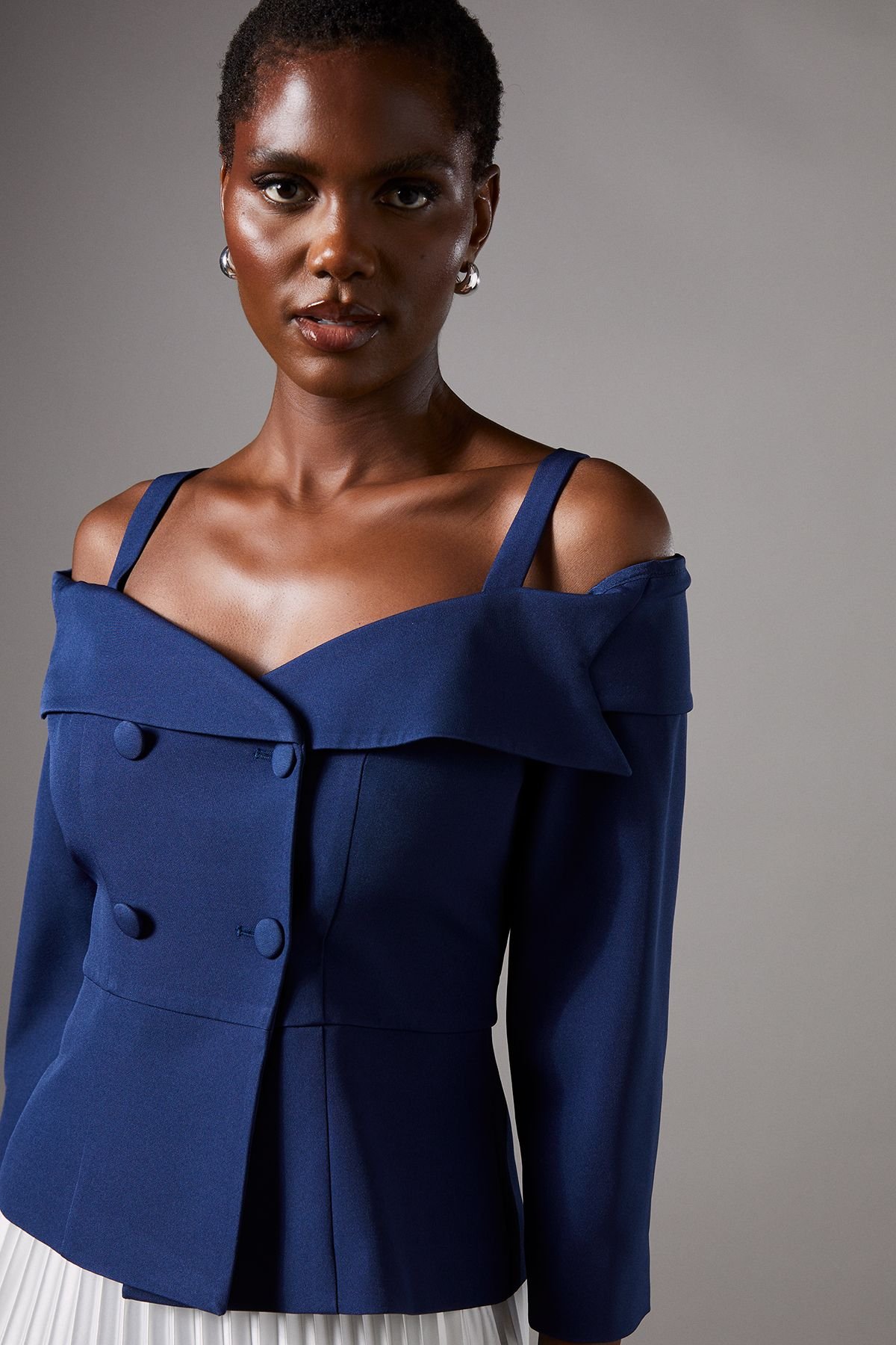 Coast Coast Women's 3/4 Sleeve Off-Shoulder Peplum Jacket in Navy - 4