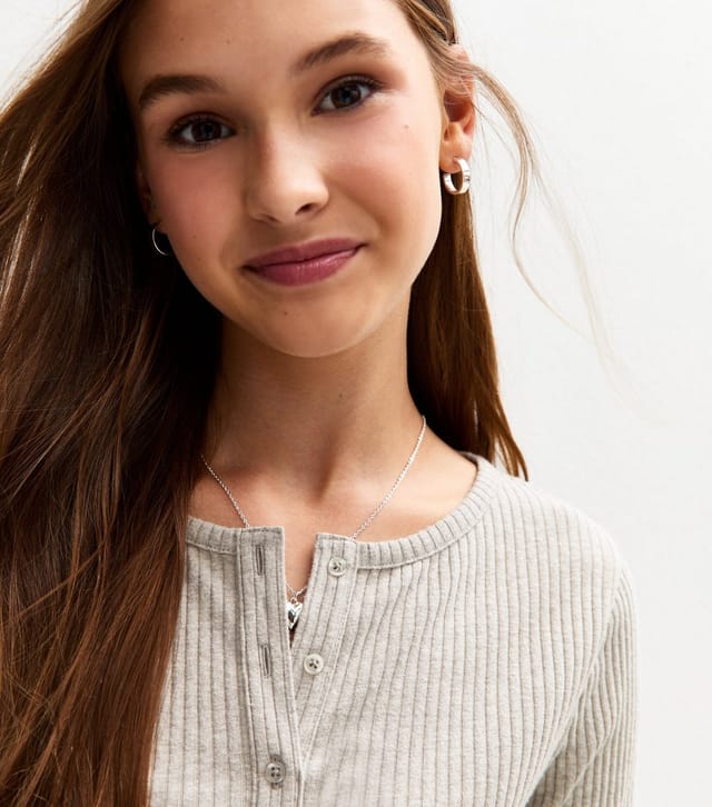 New Look Girls' Mid Grey Ribbed Button Front Long Sleeve Top New Look - 2