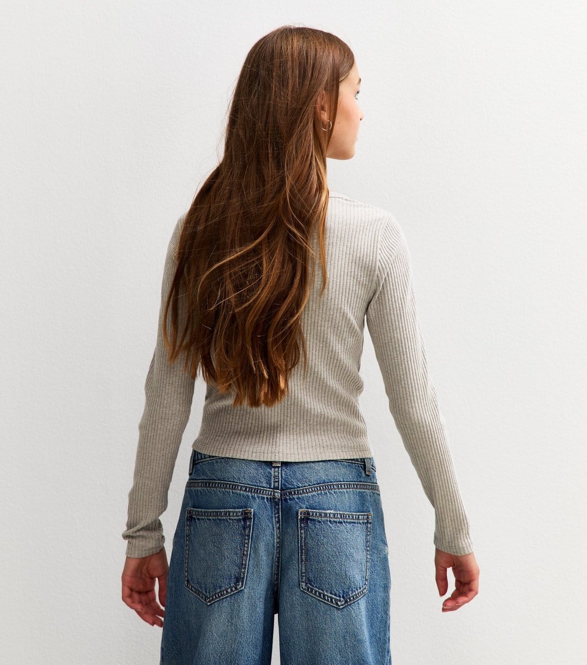 New Look Girls' Mid Grey Ribbed Button Front Long Sleeve Top New Look - 4