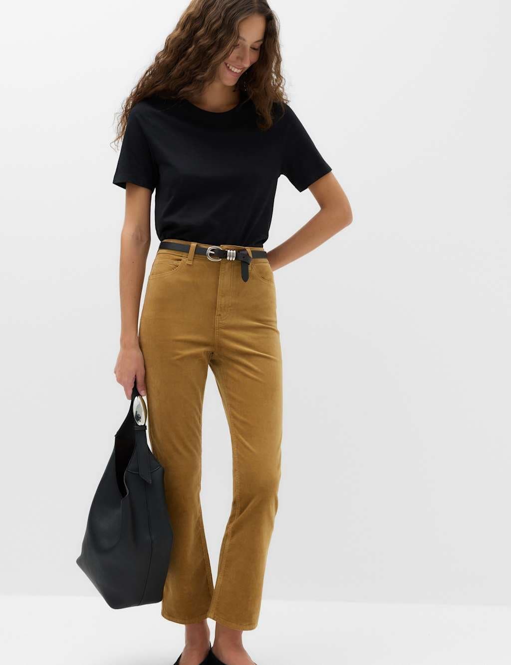 Marks & Spencer M&S Cord Flare Cropped Trousers Tan