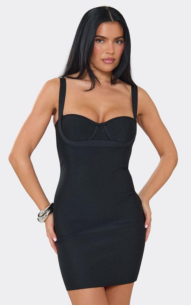 EGO Strappy Underbust Detail Mini Dress In Black Bandage, Women's Size UK 6 - 2