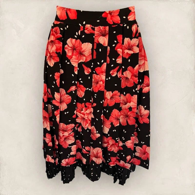 Max Mara Max Mara Womens Vintage Black Pink Silk Floral Pleated Midi Skirt UK 10