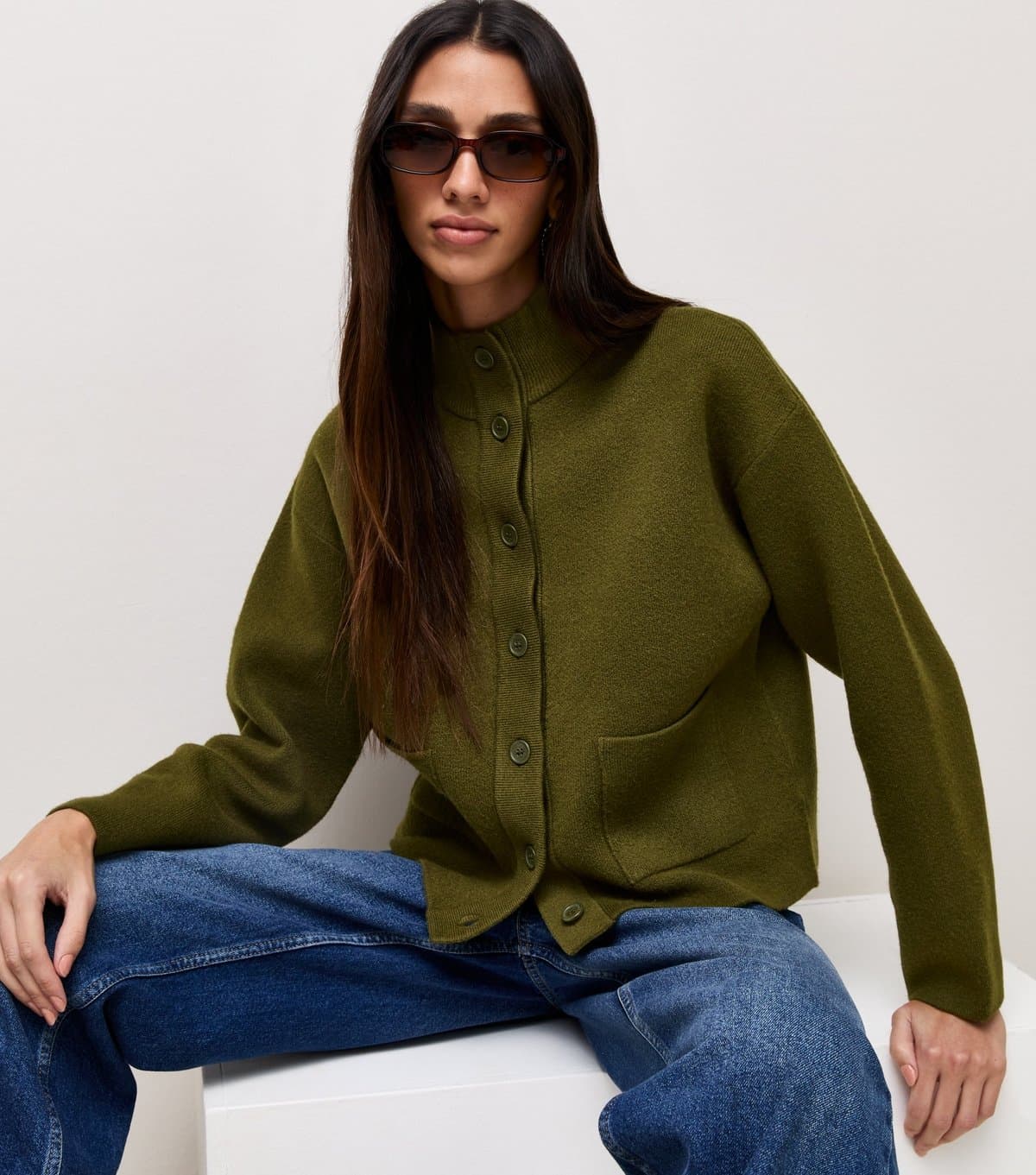 New Look Women's Dark Khaki Knitted Patch Pocket Bomber Cardigan New Look