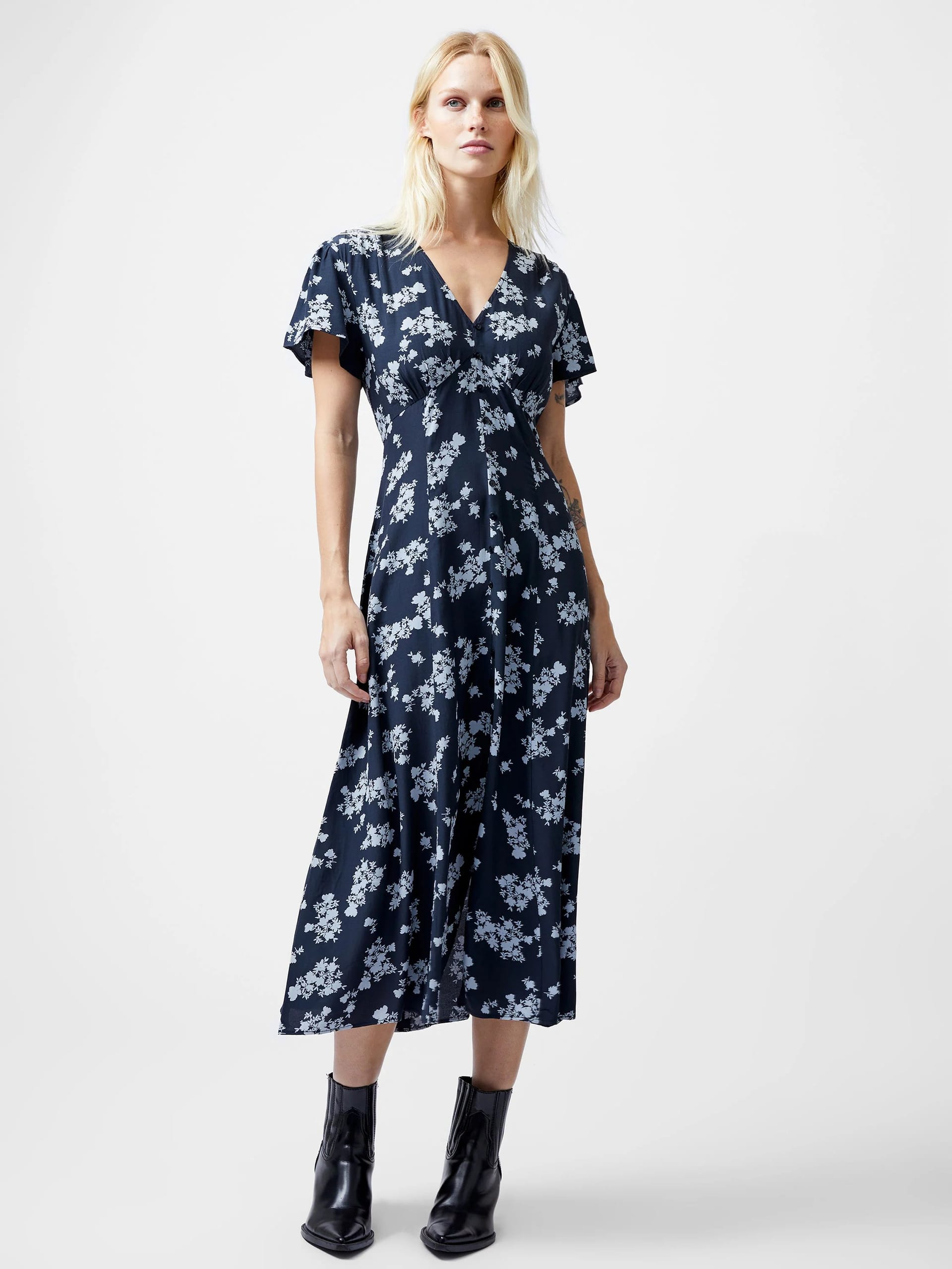 French Connection Navy Floral V-Neck Midi Dress