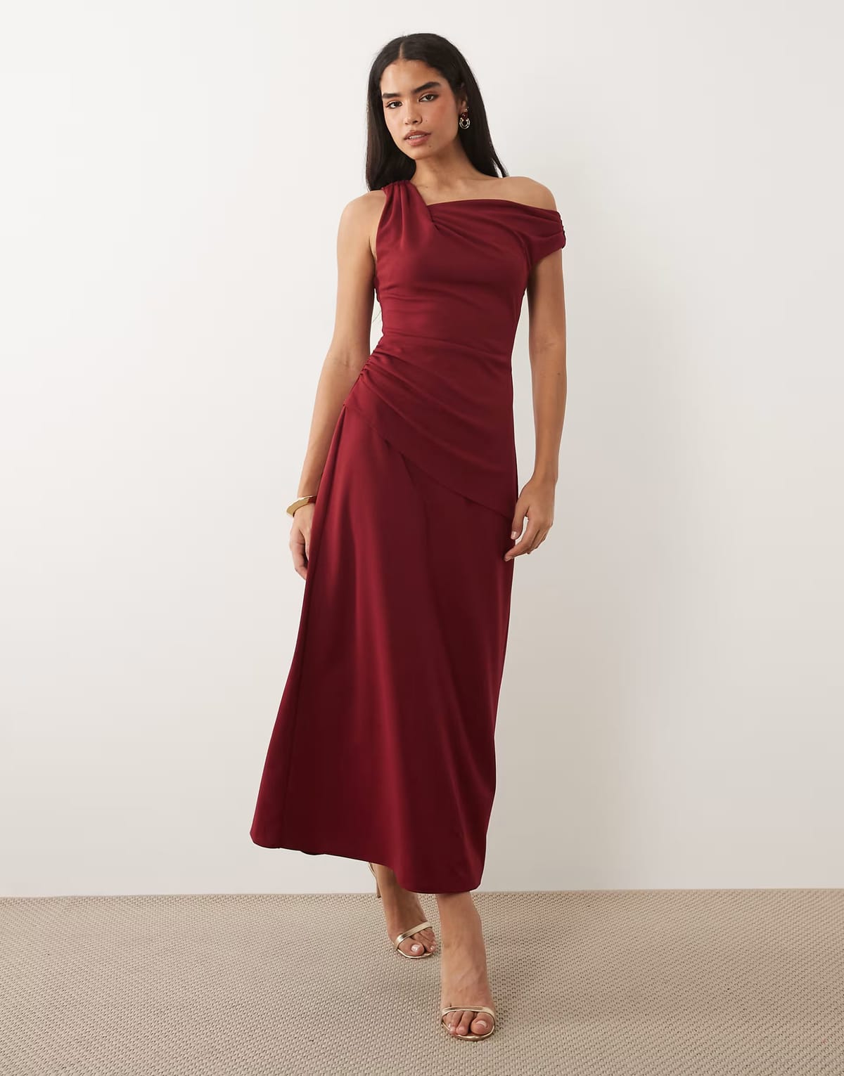 ASOS ASOS DESIGN crepe fallen shoulder maxi dress with ruched skirt detail in wine - 1