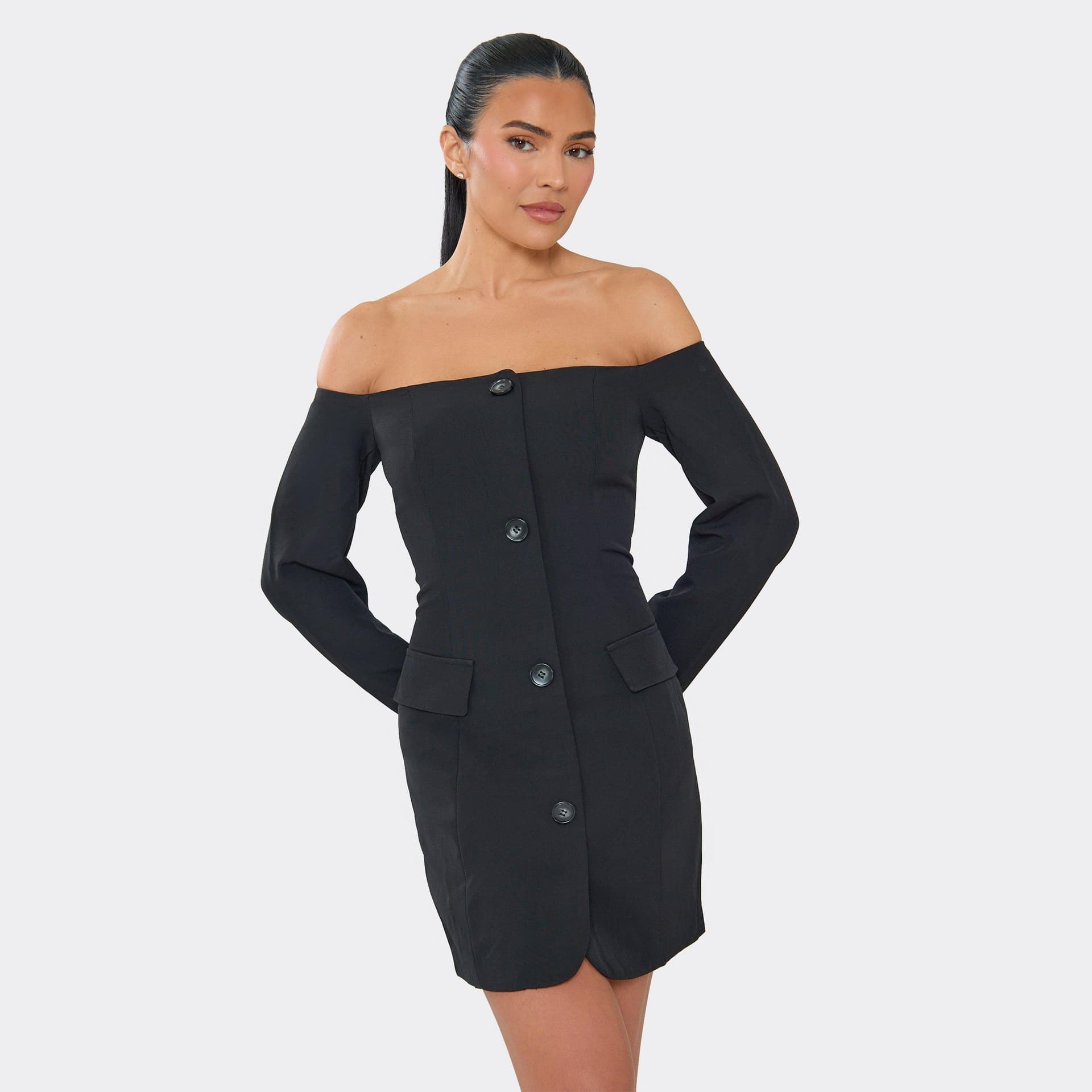 EGO Bardot Button Front Blazer Dress In Black, Women's Size UK 6