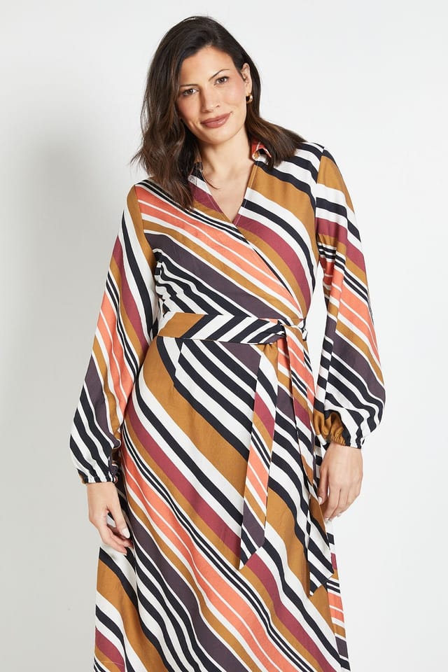 Wallis Wallis Women's Stripe Wrap Midi Dress in Khaki - 2