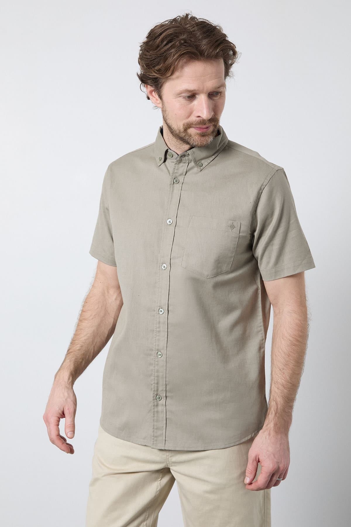 Maine Maine Men's Khaki Short Sleeve Linen Blend Shirt