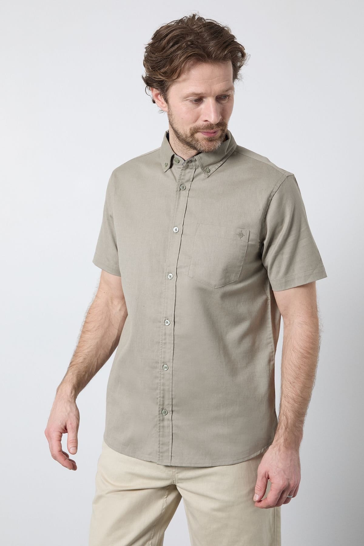 Maine Men's Khaki Short Sleeve Linen Blend Shirt
