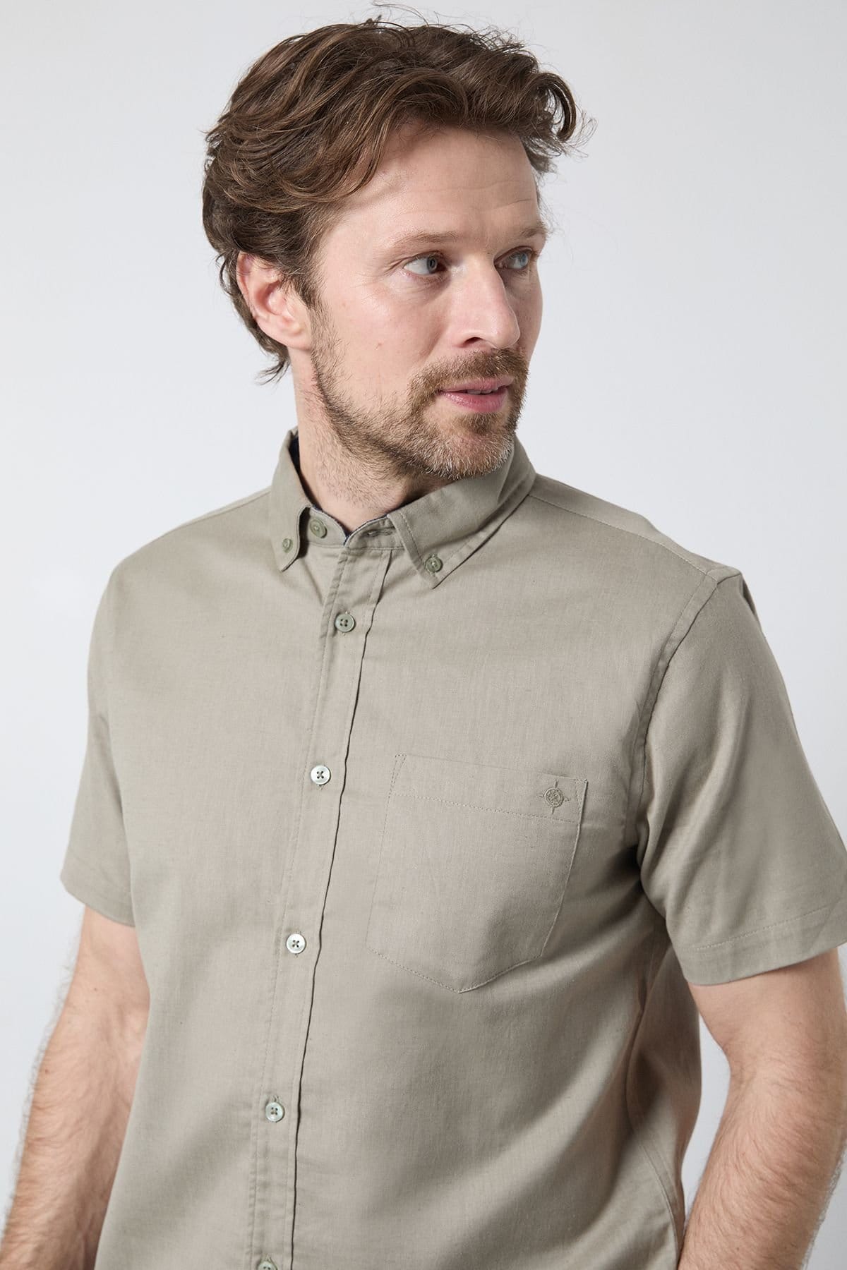 Maine Maine Men's Khaki Short Sleeve Linen Blend Shirt - 4