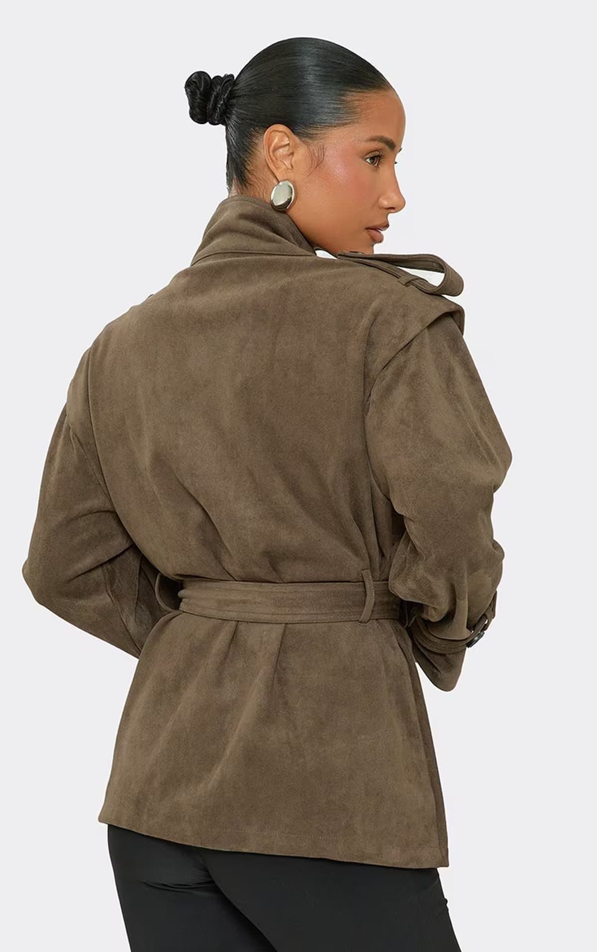 EGO Long Sleeve Funnel Neck Belted Trench Jacket In Brown Faux Suede, Women's Size UK 6