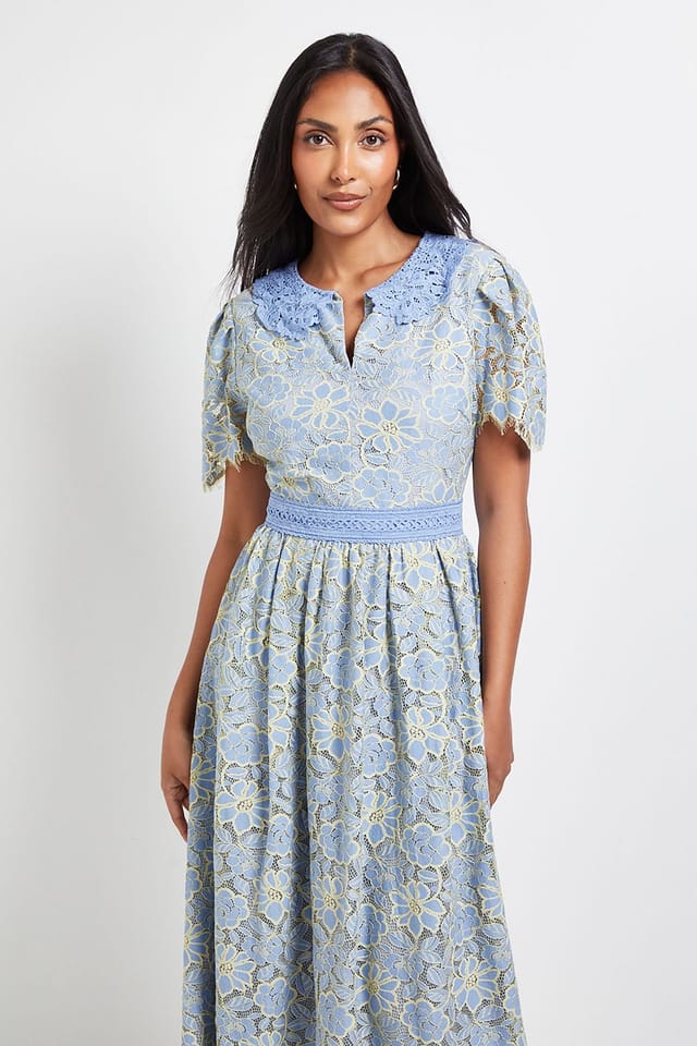 Wallis Wallis Women's Petite Lace Collared Button Midi Dress in Blue - 2