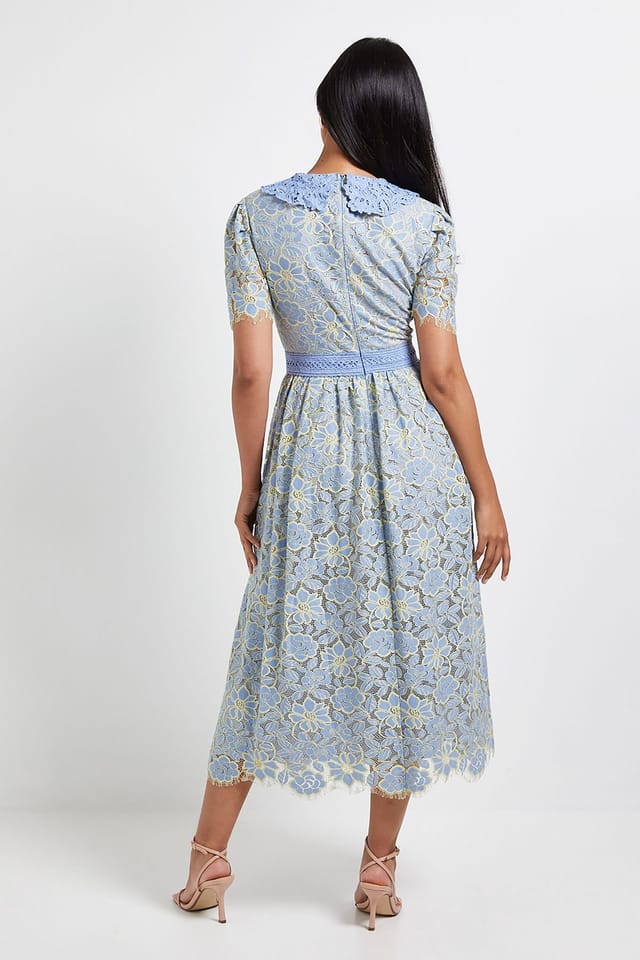 Wallis Wallis Women's Petite Lace Collared Button Midi Dress in Blue - 3