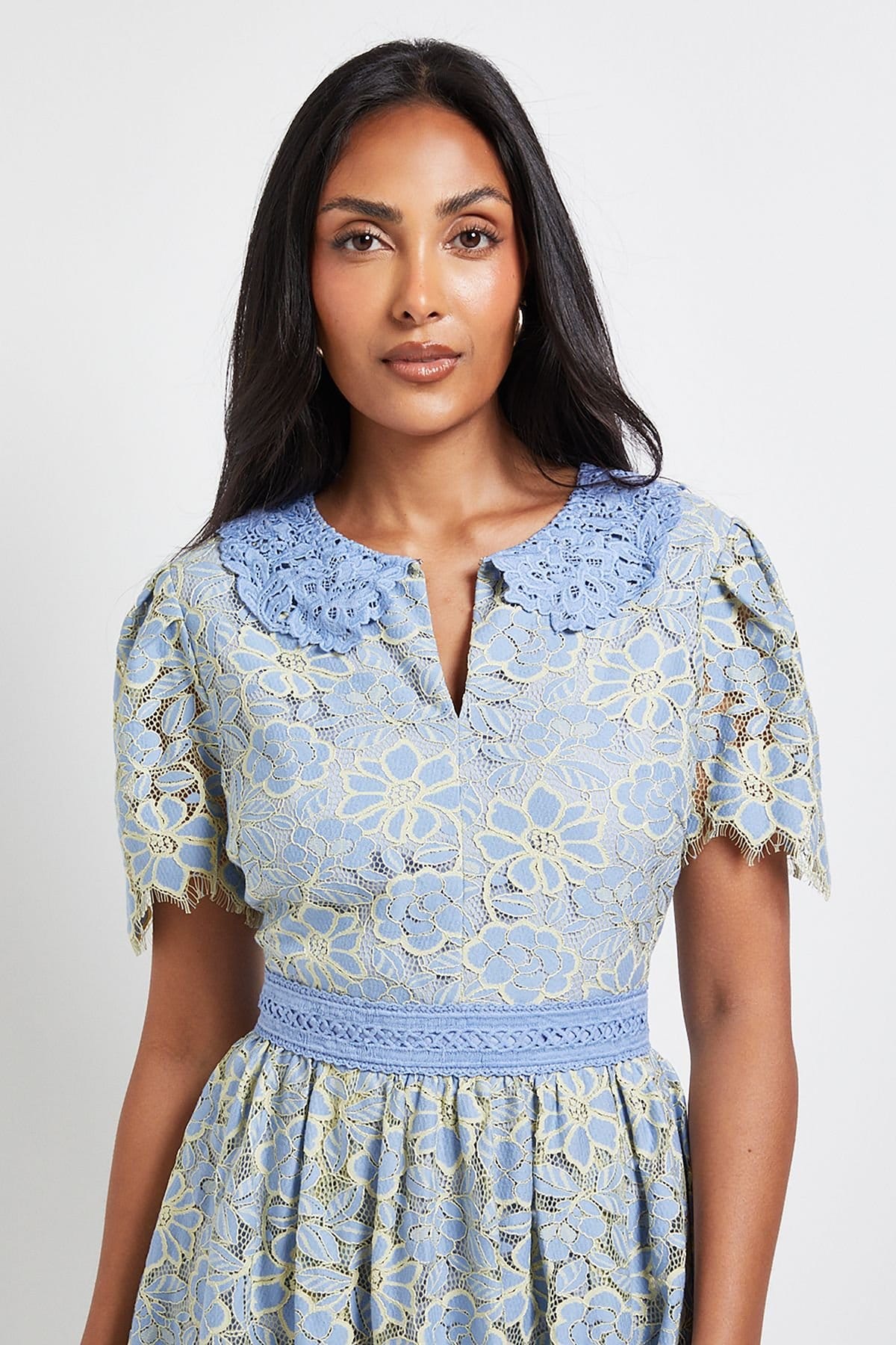 Wallis Wallis Women's Petite Lace Collared Button Midi Dress in Blue - 4
