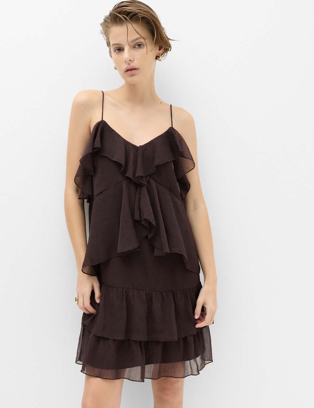 Marks & Spencer M&S Chiffon V-Neck Ruffle Mini Cami Dress Chocolate