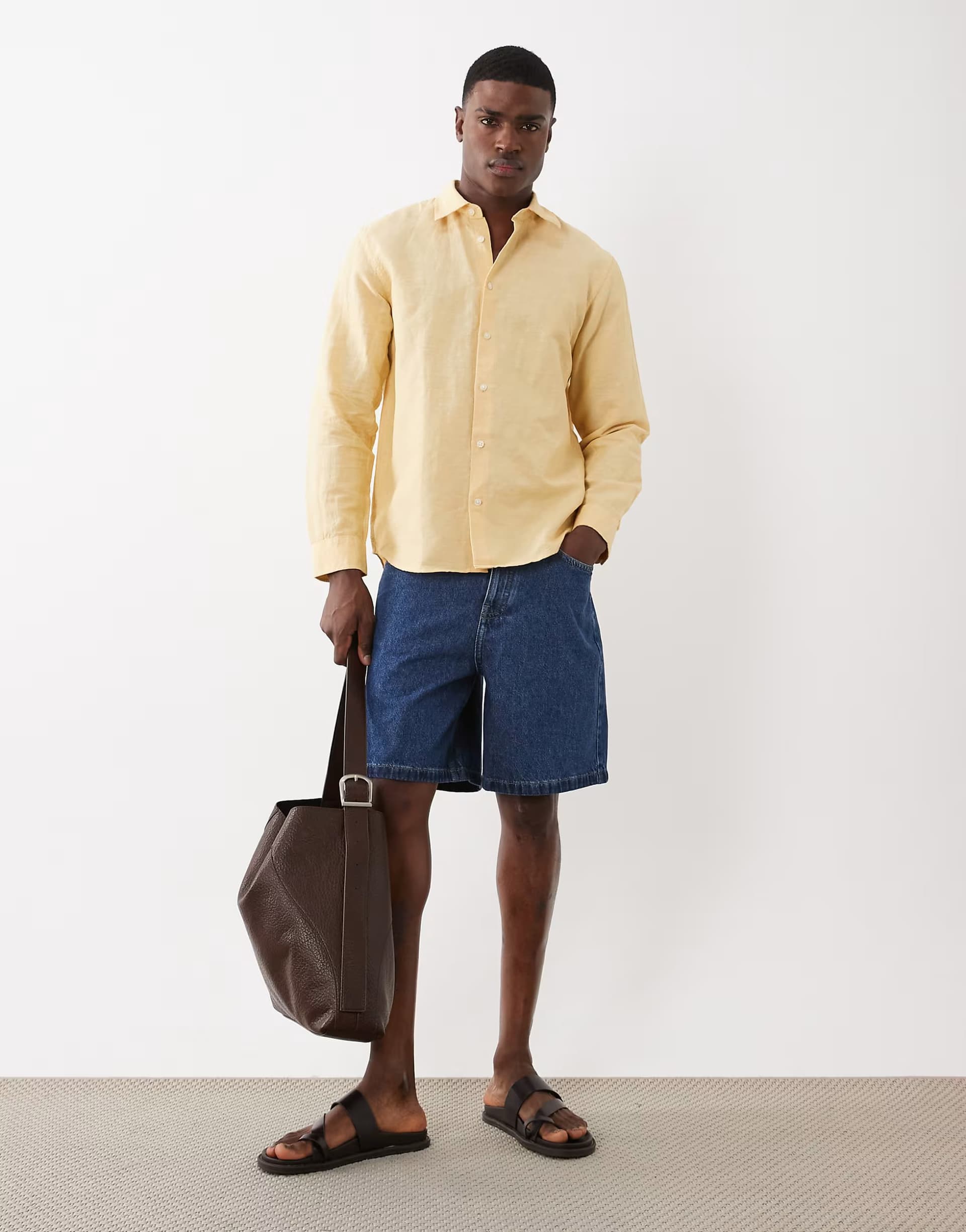 ASOS Selected linen blend long sleeve shirt in yellow