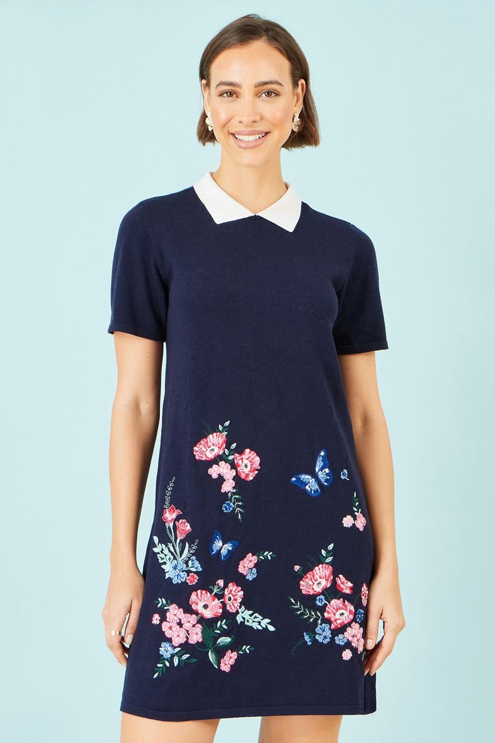 Yumi Yumi Women's Navy Embroidered Knitted Floral Tunic