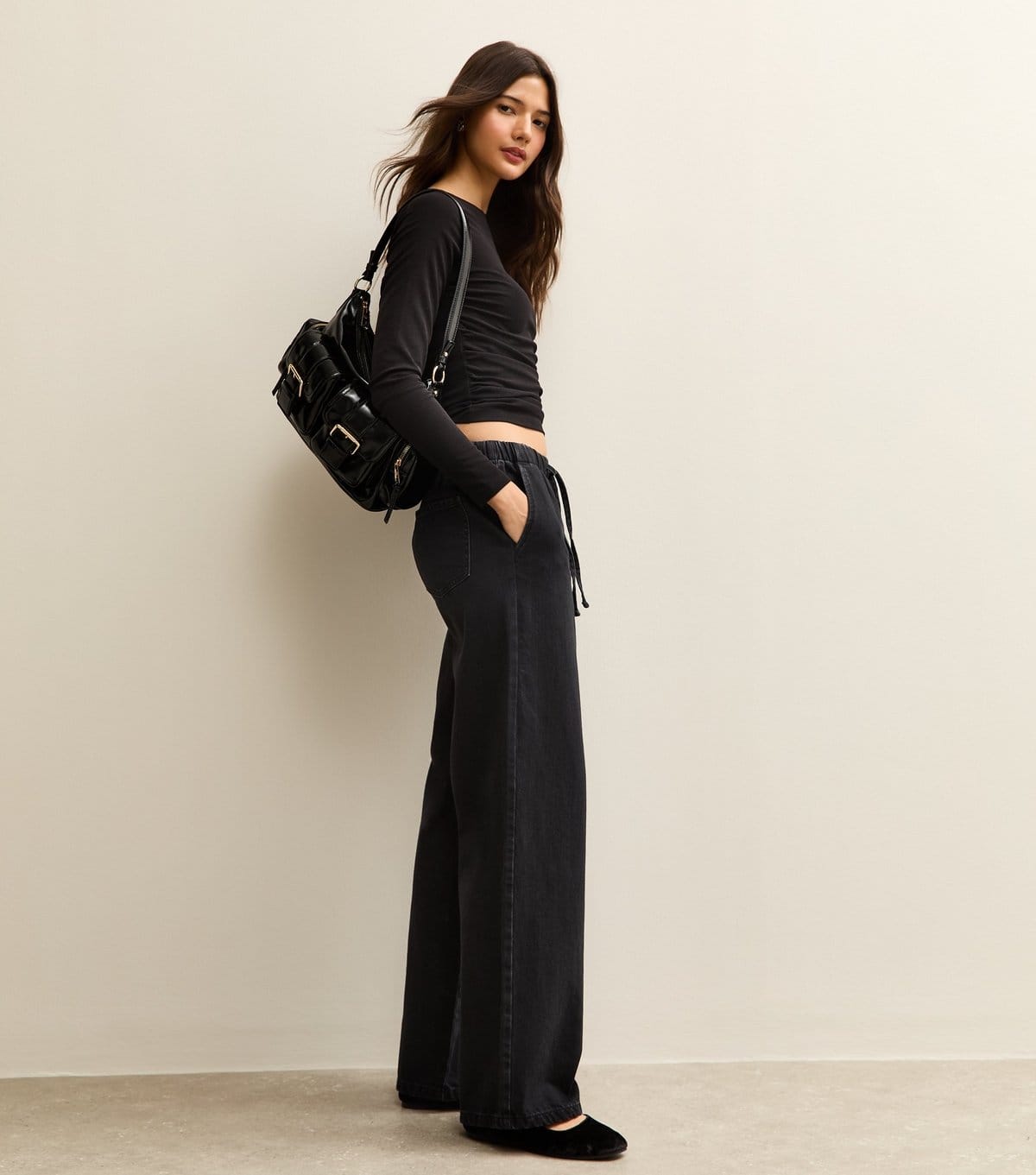 New Look Black Denim Wide Leg Drawstring Waist Jeans
