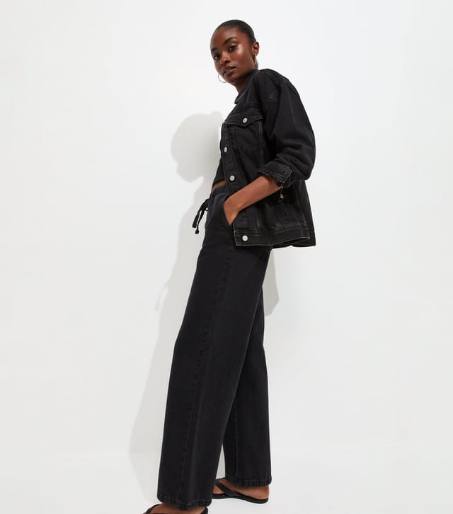 New Look Women's Black Denim Wide Leg Drawstring Waist Jeans New Look - 2