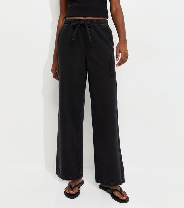 New Look Women's Black Denim Wide Leg Drawstring Waist Jeans New Look - 3