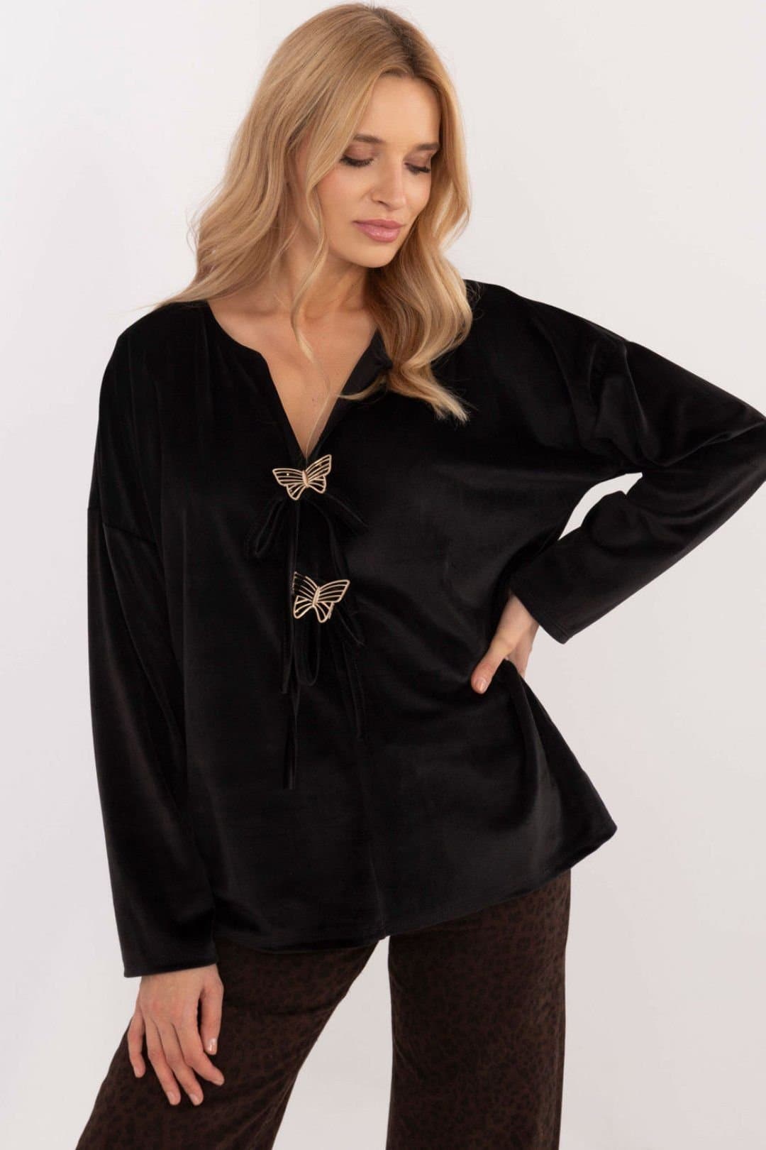 Love Lace Love Lace Women's Velour Blouse with Butterfly Front Ties in Black