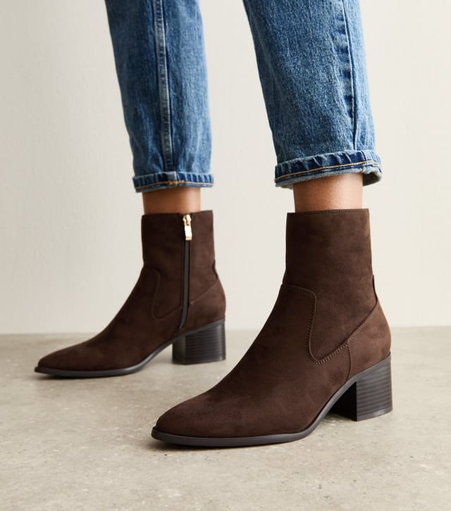 New Look Women's Brown Faux Suede Block Heel Ankle Boots Vegan New Look - 2