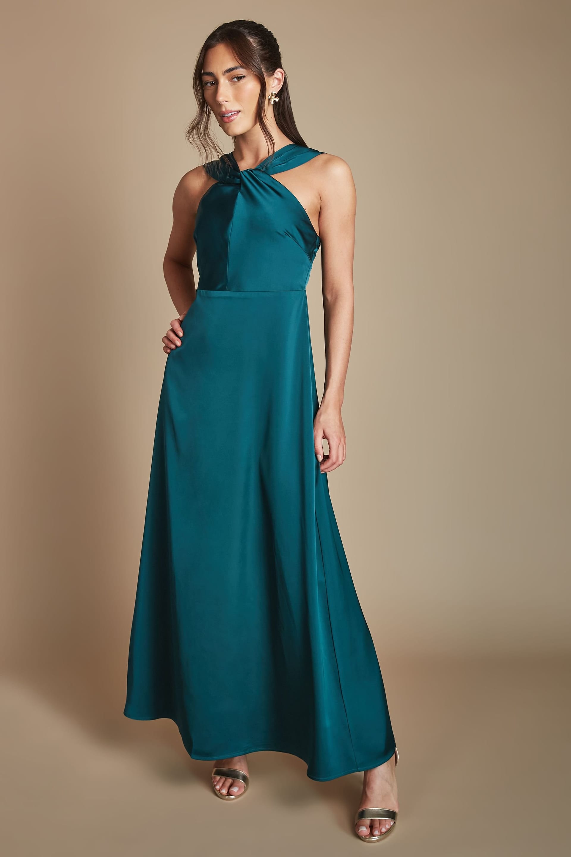 Coast Coast Women's Petite Twisted Halterneck Satin Maxi Bridesmaid Dress in Emerald - 4