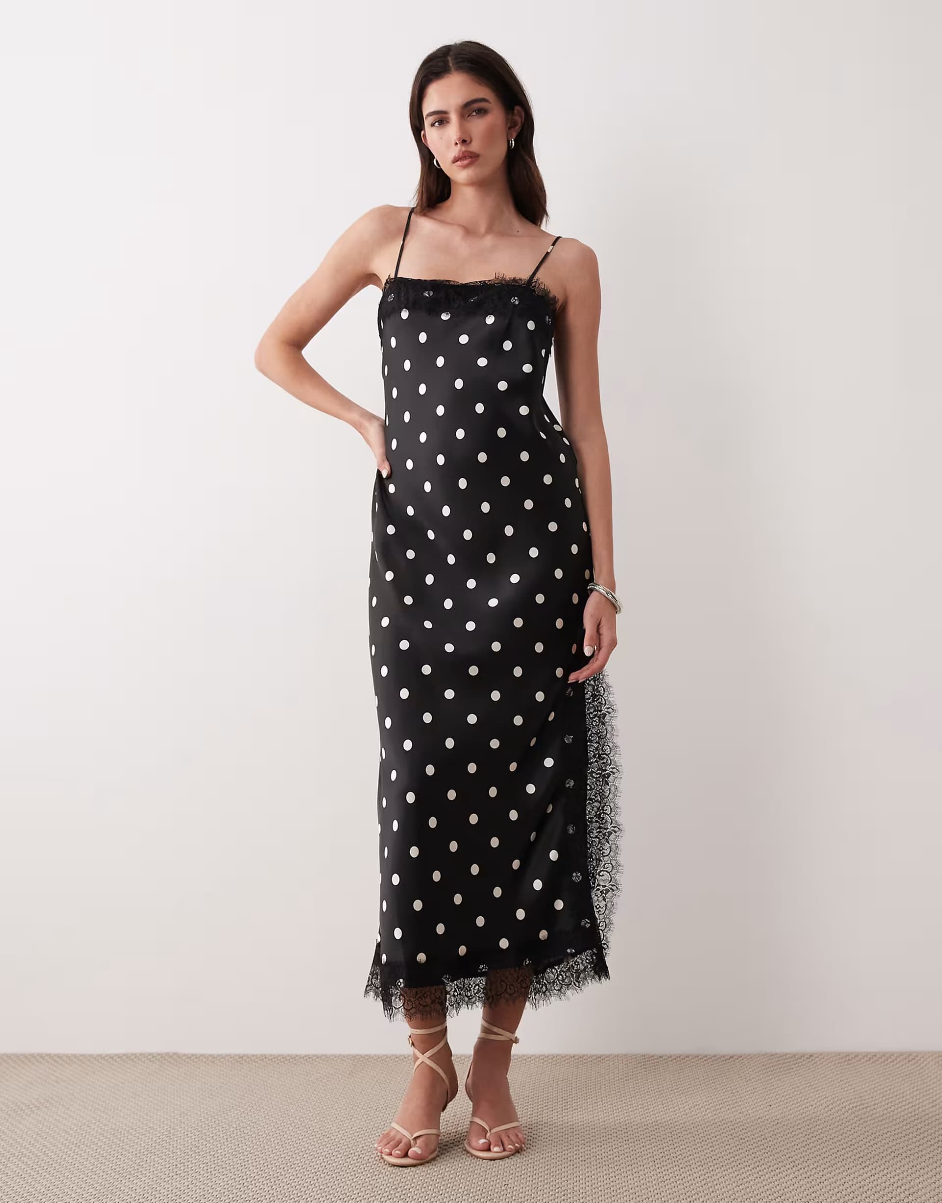ASOS Nobody's Child Betsi satin lace trim midi dress in black polka dot