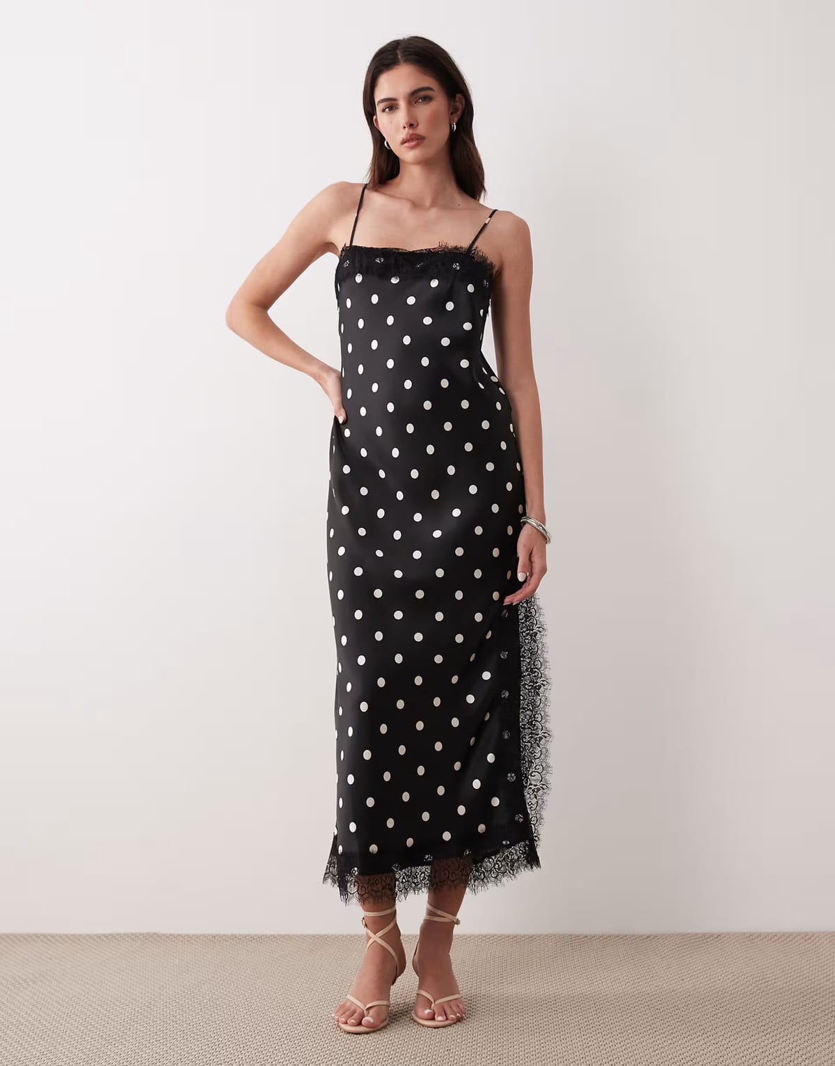 ASOS Nobody's Child Betsi satin lace trim midi dress in black polka dot - 1