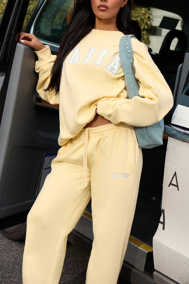 Kaiia Kaiia Slogan Wide Leg Joggers Lemon Frosting & Baby Blue - 2